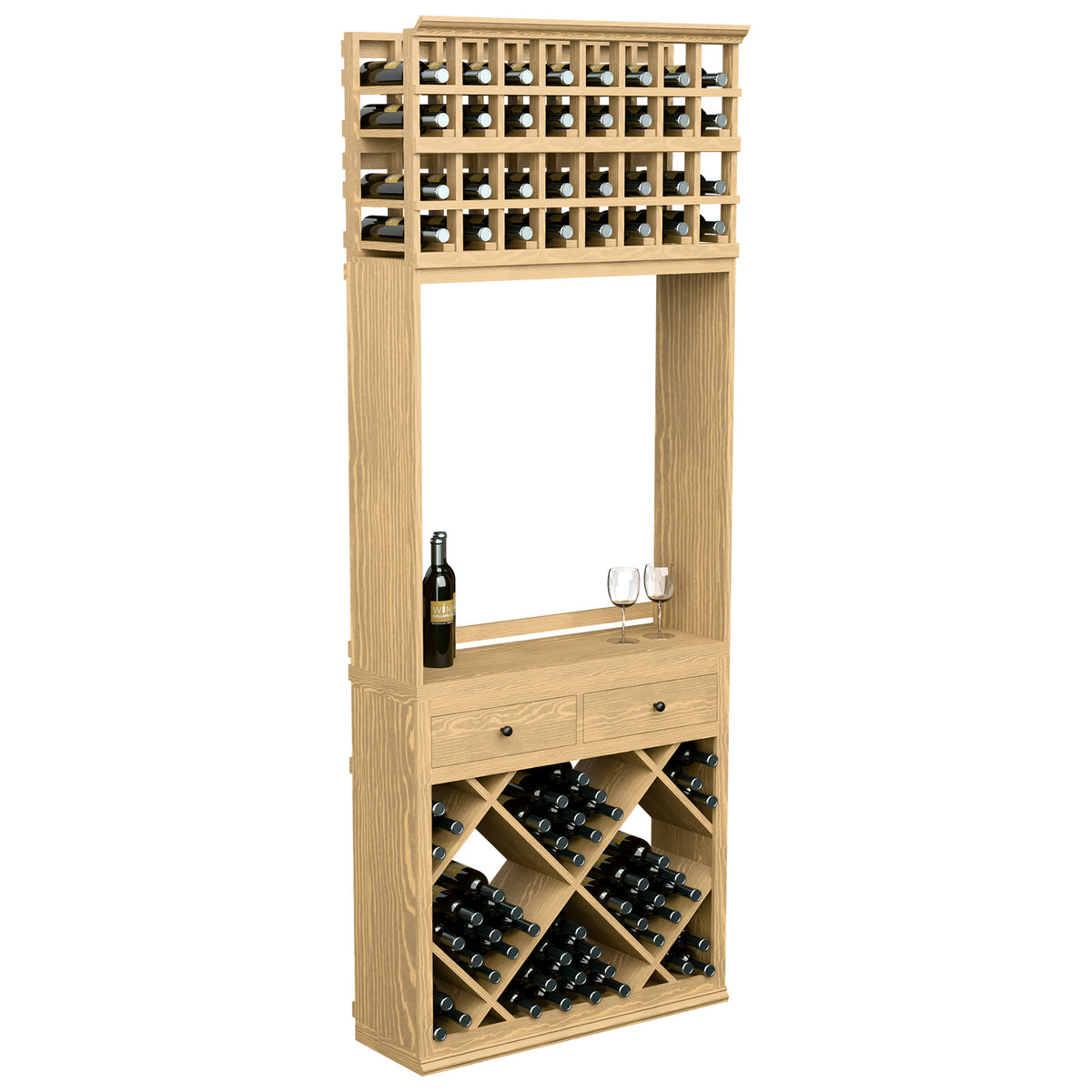 Light wood wine tasting station with bottle storage top grid, diamond racks, drawers, and wine glass rack