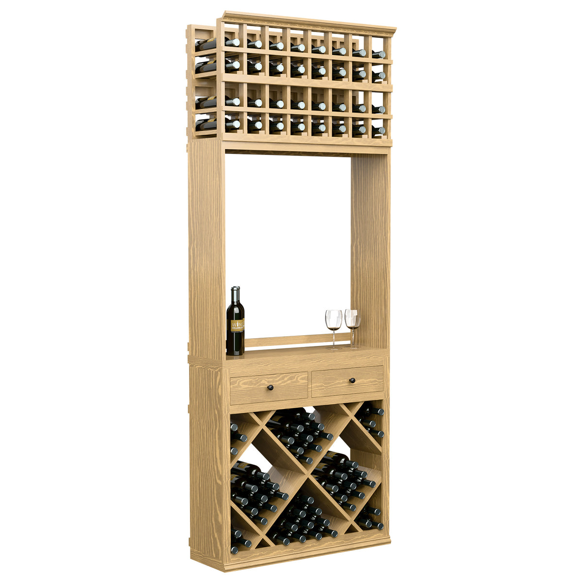 Light wood wine tasting station with open tasting area, diamond bottle racks, two drawers, and glass rest