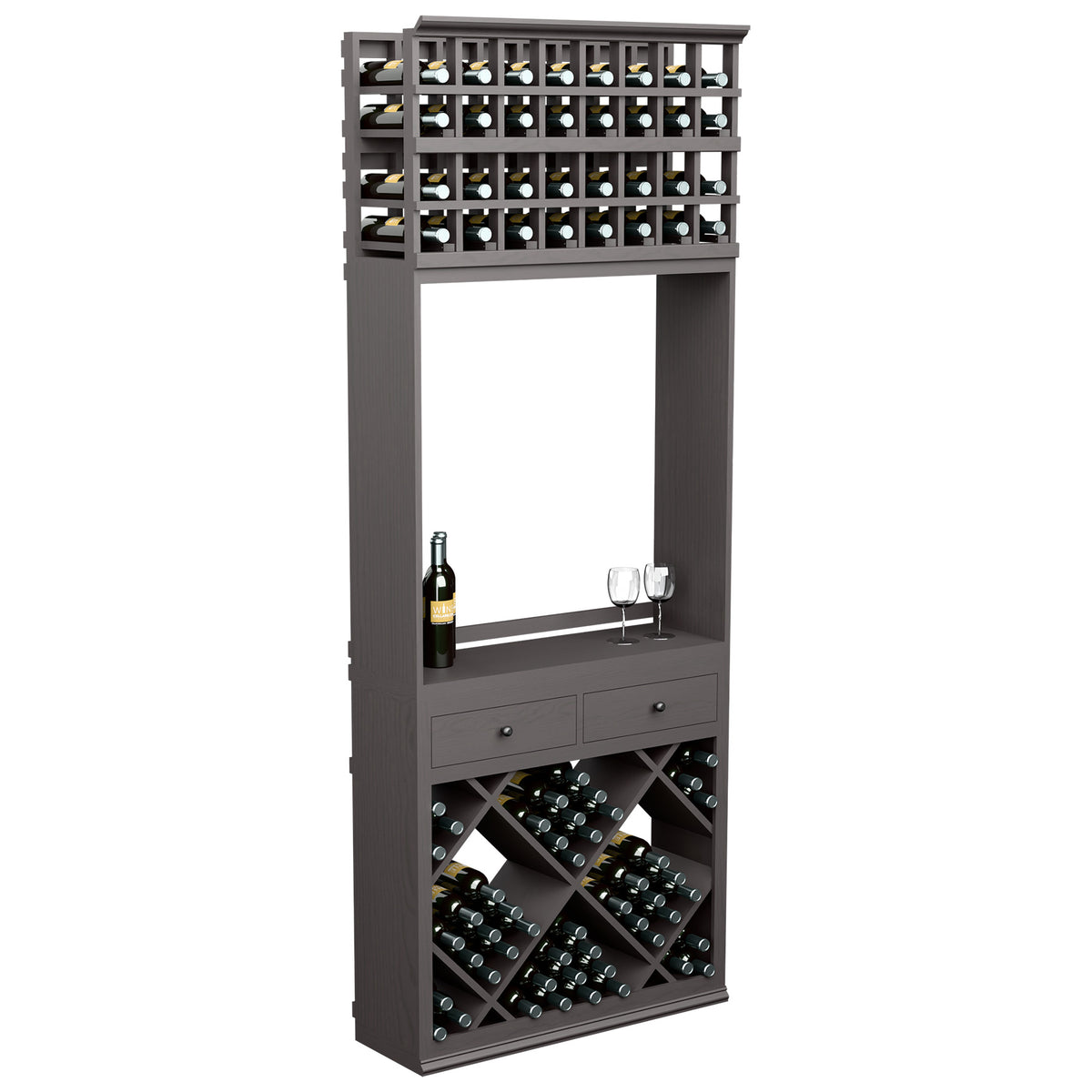 Dark wine tasting station with diamond-pattern bottle racks, drawers, and glass holder