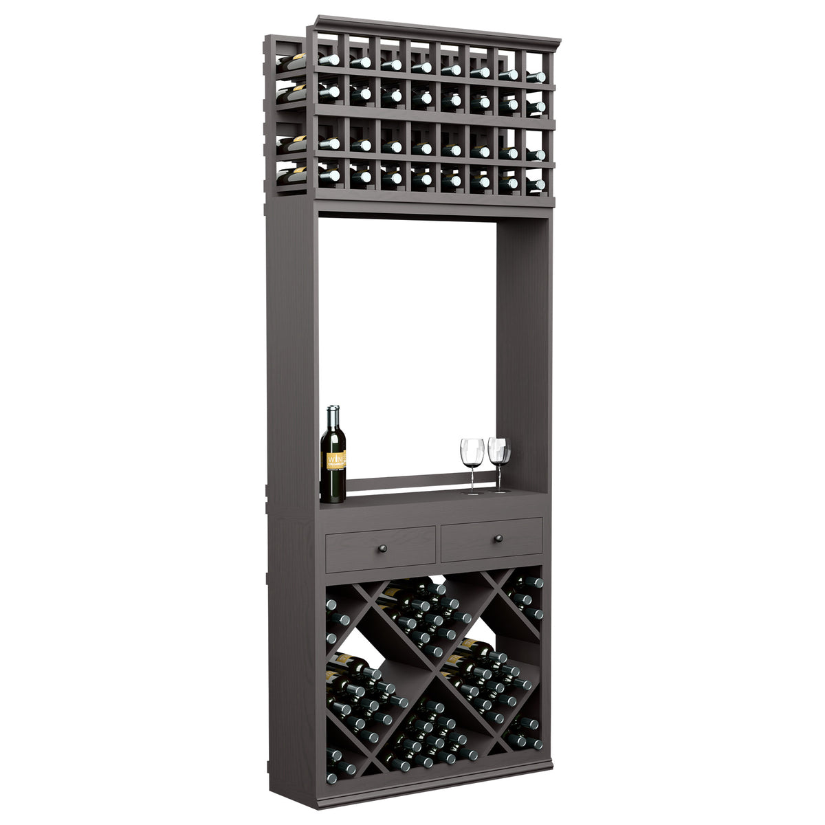 Dark wine tasting station with open center, diamond bottle racks, two drawers, and wine glass rest
