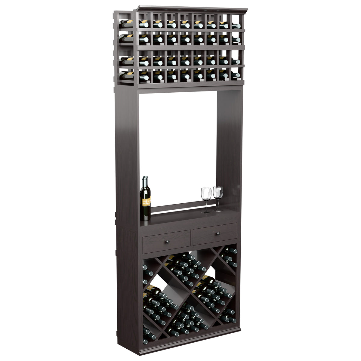 Dark wine tasting station with top bottle grid, diamond racks, drawers, and glass holder