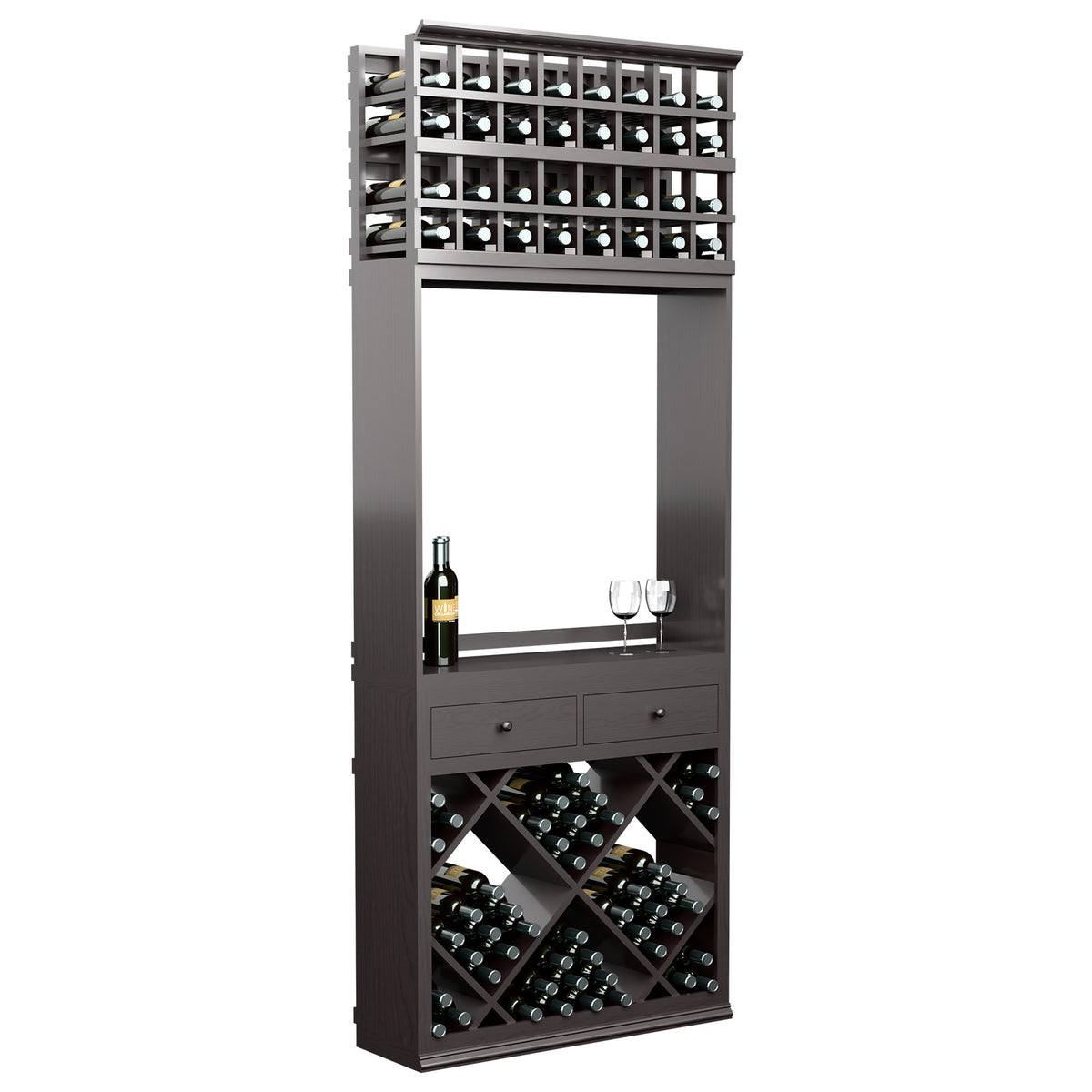 Dark wine tasting station with open tasting ledge, diamond bottle racks, two drawers, and glass rest