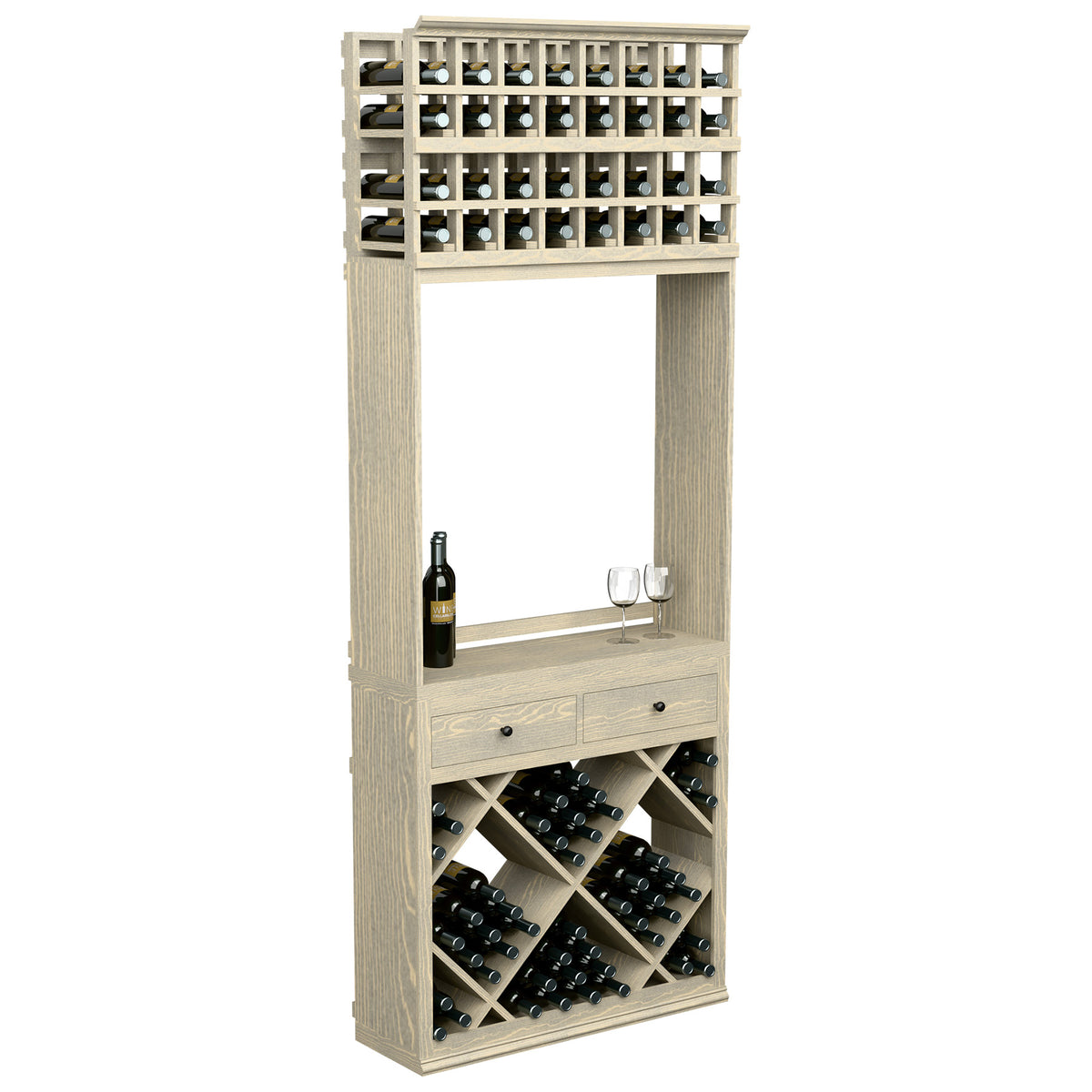 Wine tasting station with diamond bottle bins, drawers, and glass holders; light wood.