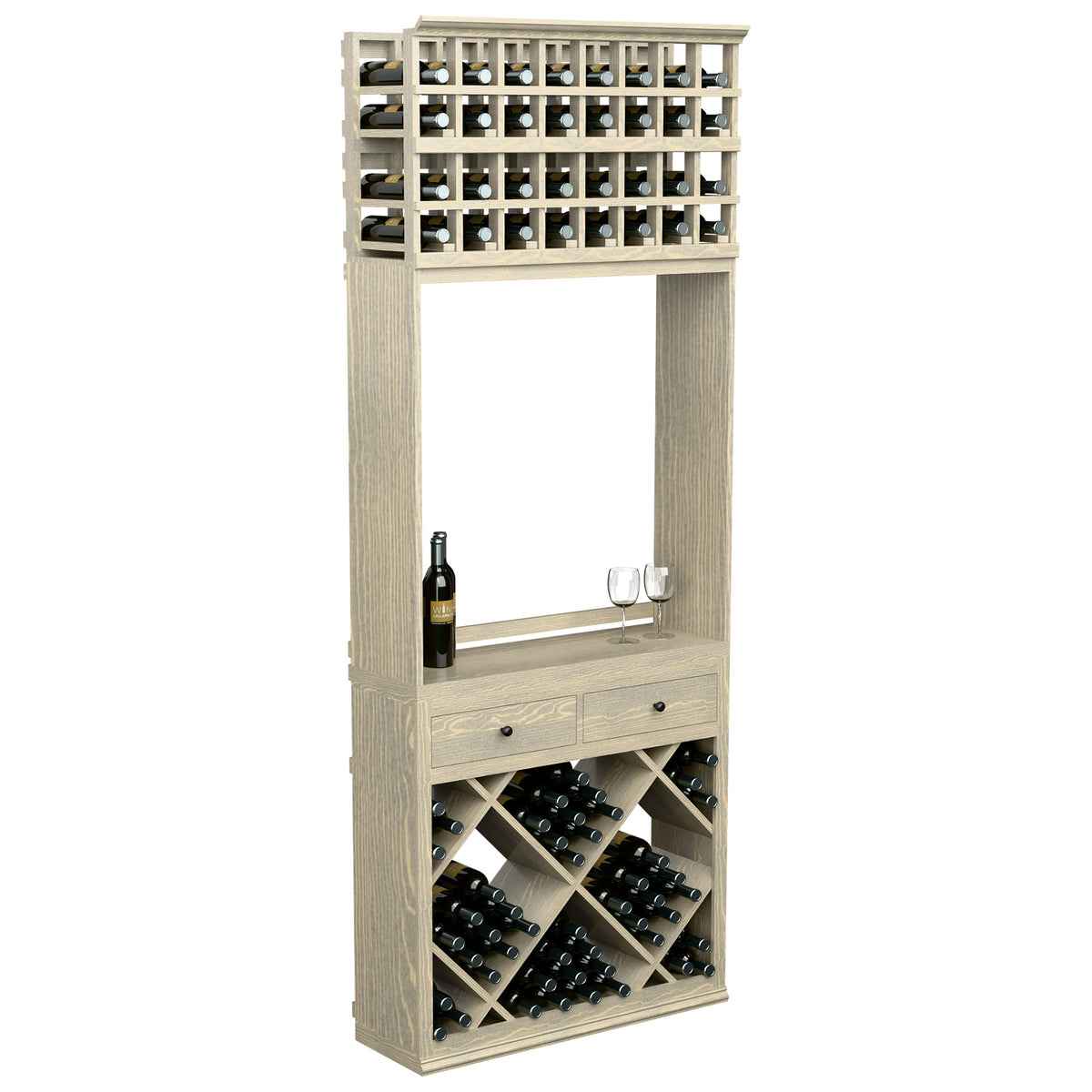 Wine tasting station with diamond bottle bins, drawers, and glass holders; light wood.
