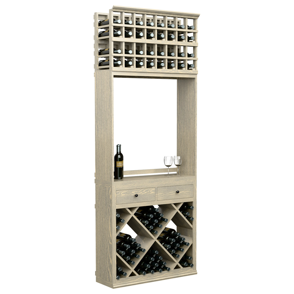Wine tasting station with diamond bottle bins, drawers, and glass holders; light wood.