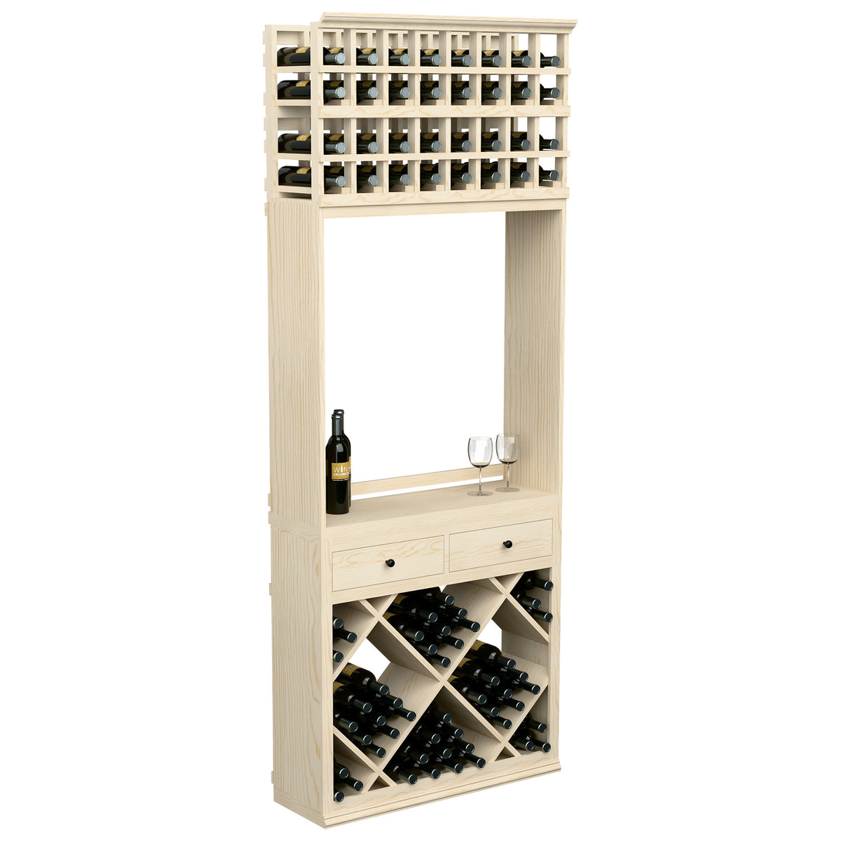 Wine tasting station with diamond bottle bins, drawers, and glass holders; light wood.