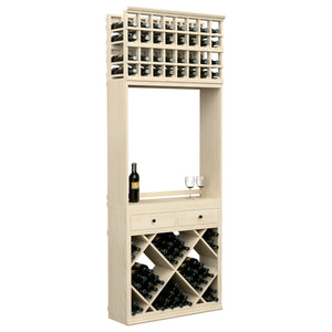 Wine tasting station with diamond bottle bins, drawers, and glass holders; light wood.