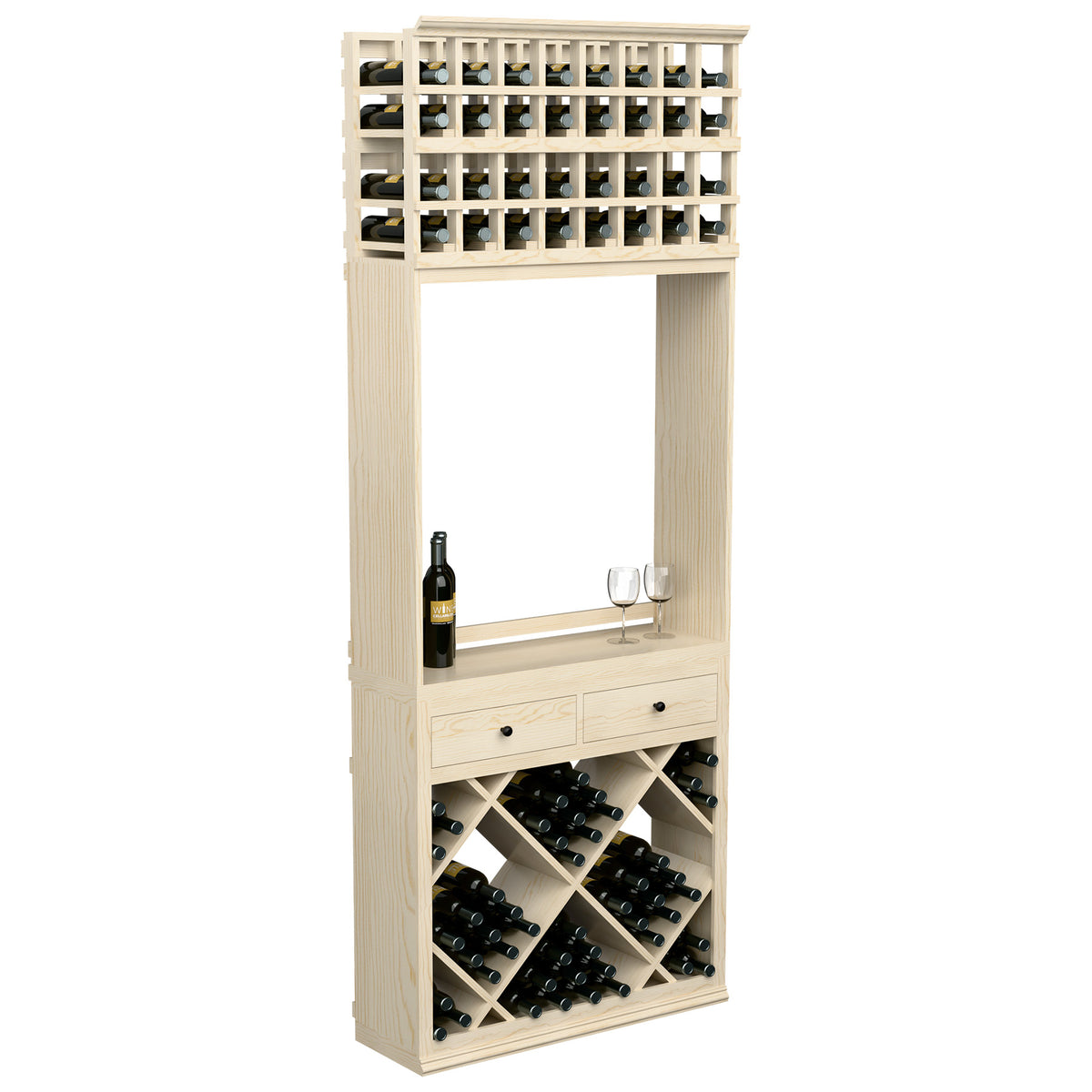 Wine tasting station with diamond bottle bins, drawers, and glass holders; light wood.