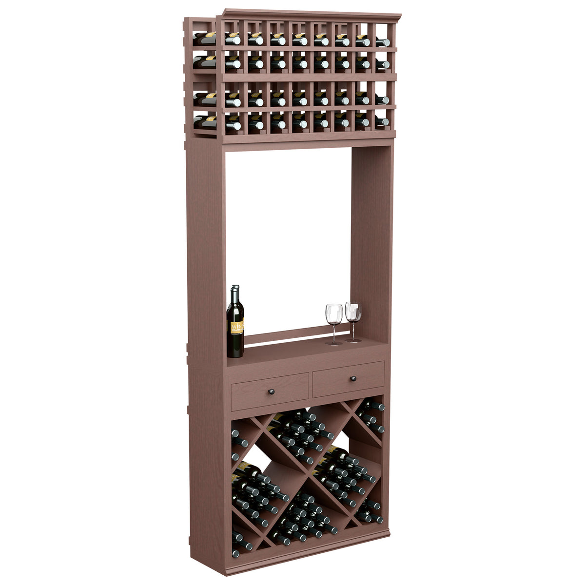Wine tasting station with diamond bottle bins, drawers, and glass holders; dark wood.