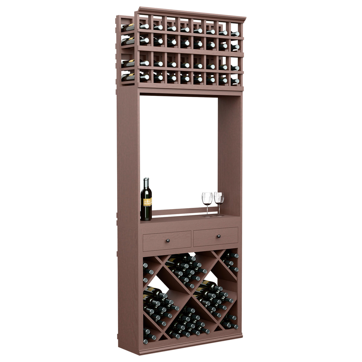 Wine tasting station with diamond bottle bins, drawers, and glass holders; dark wood.