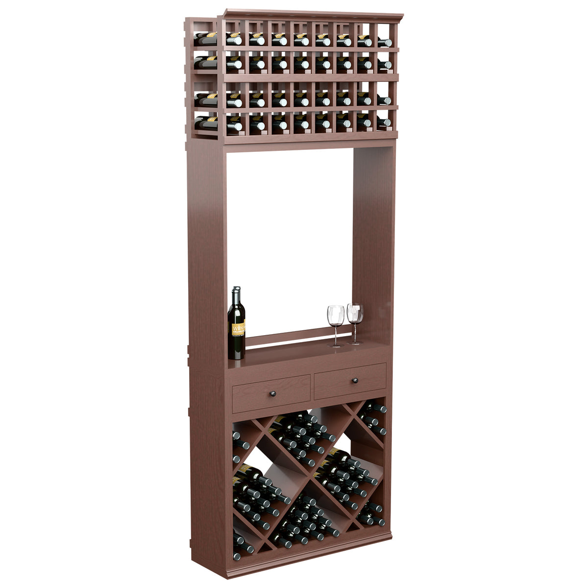 Dark wood wine tasting station with diamond bottle bins, two drawers, and two glass holders