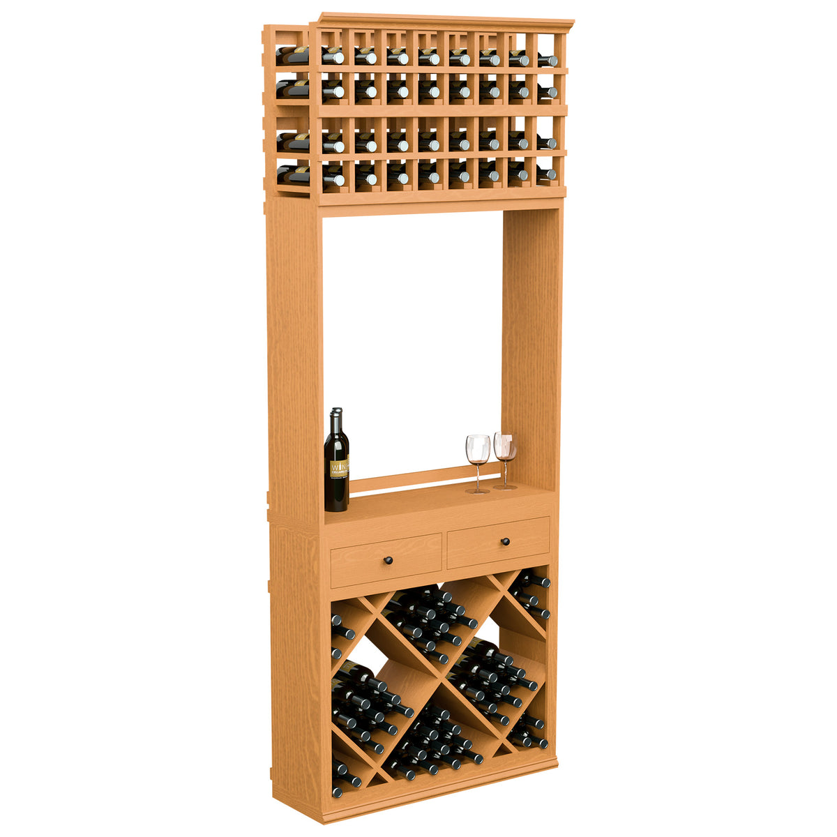 Light wood wine tasting station with diamond bottle bins, two drawers, and two glass holders