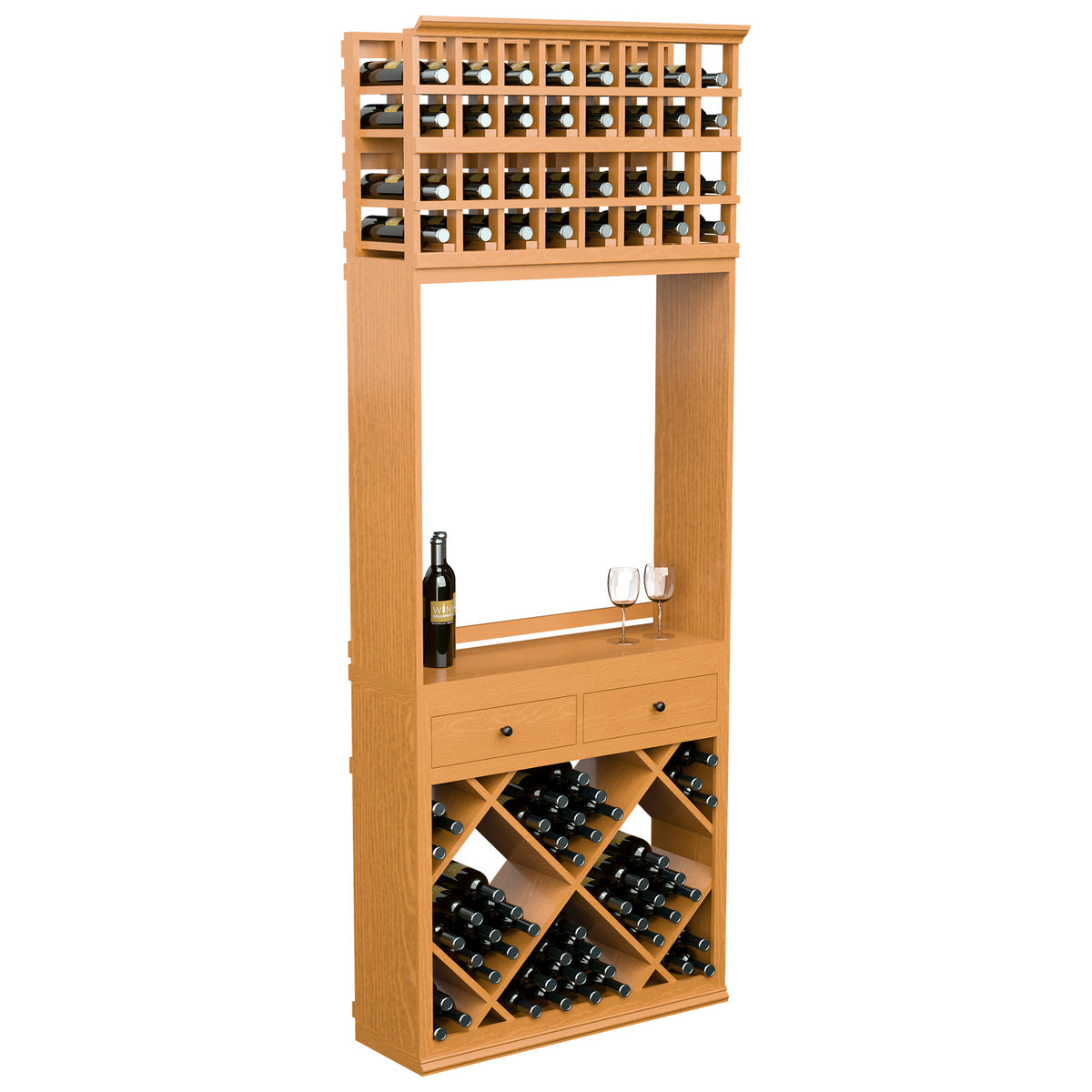 Light wood wine tasting station with diamond bottle bins, two drawers, and front bottle storage