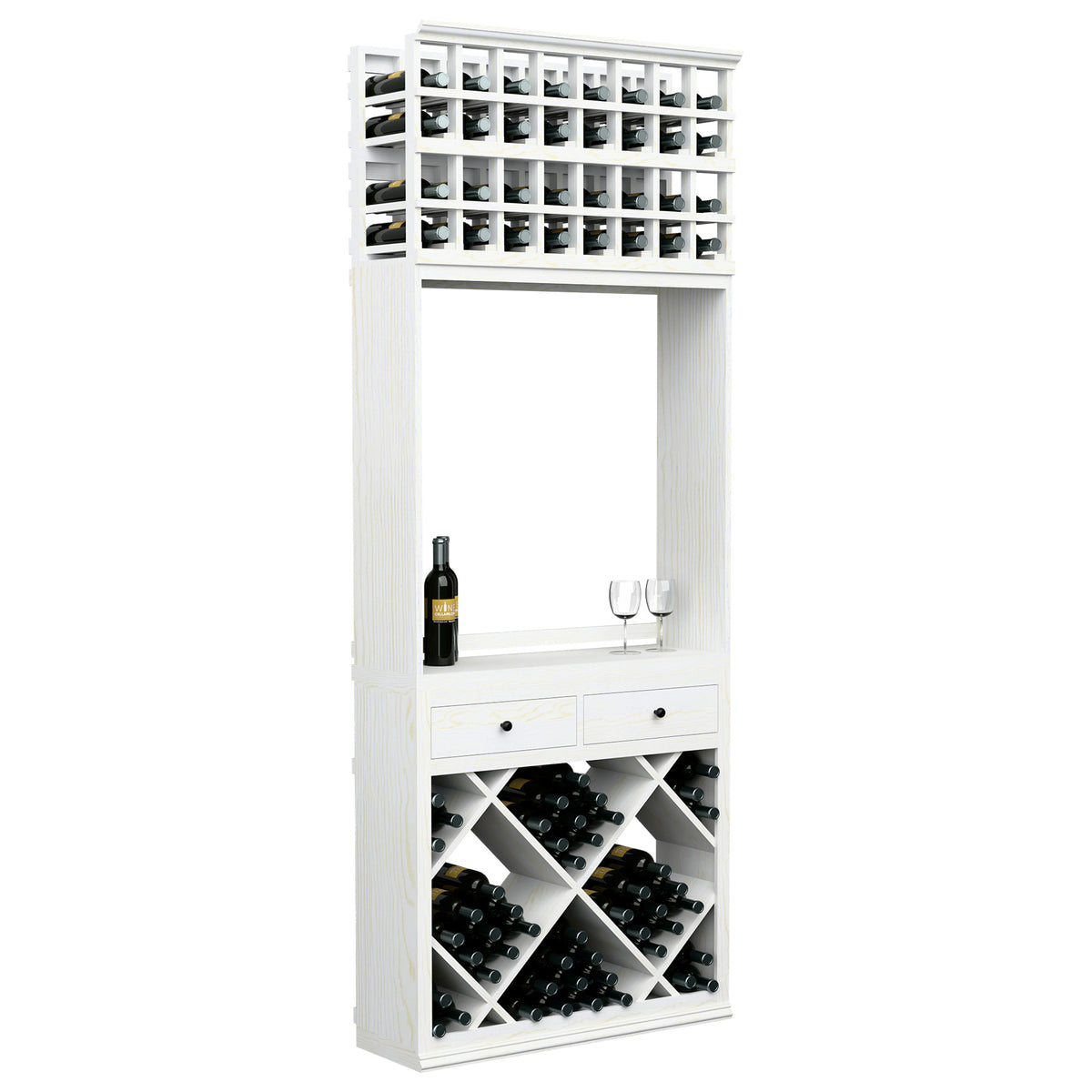 White wine tasting station with diamond bottle bins, two drawers, and wine bottle and glass display