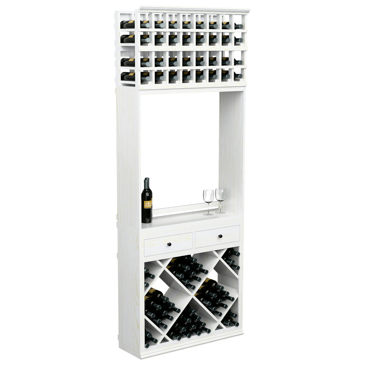 White wine tasting station with diamond bottle bins, two drawers, and front wine bottle storage