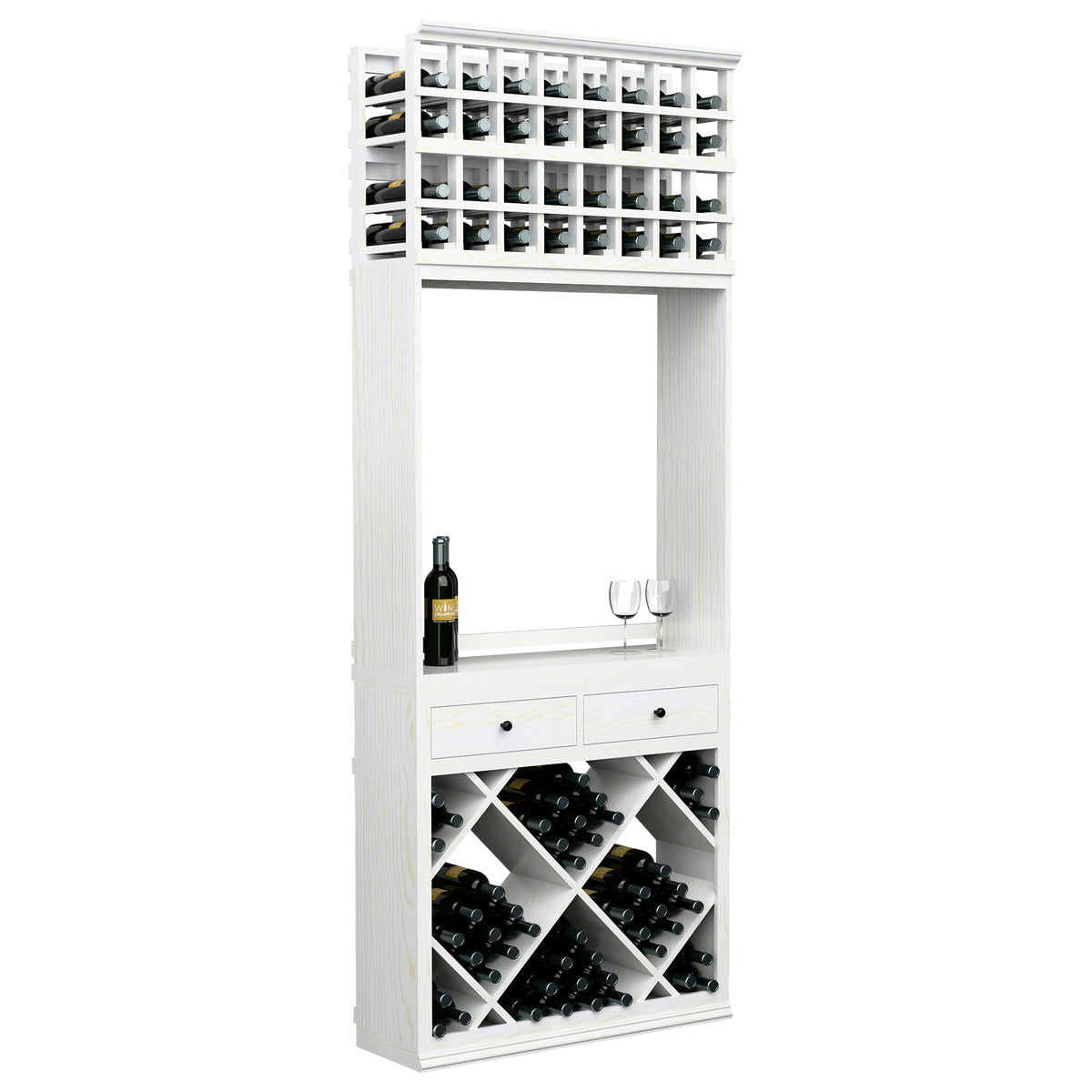 White wine tasting station with diamond bottle bins, two drawers, and two glass holders