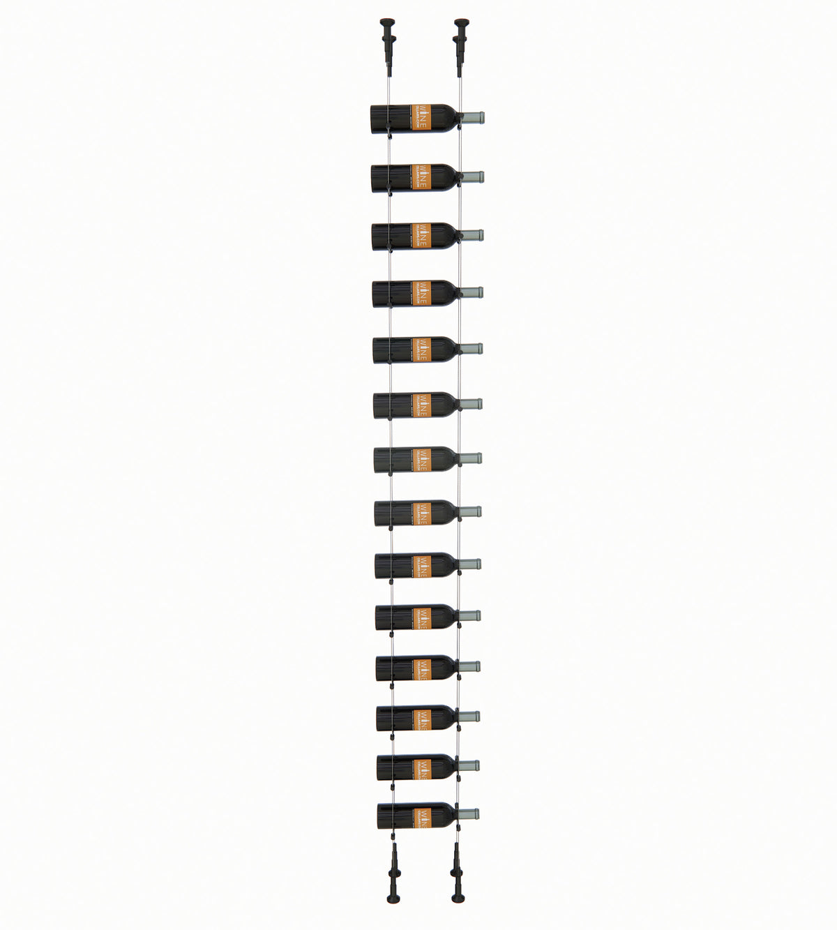 14-bottle wall wine rack with black bottle holders and metal support cables