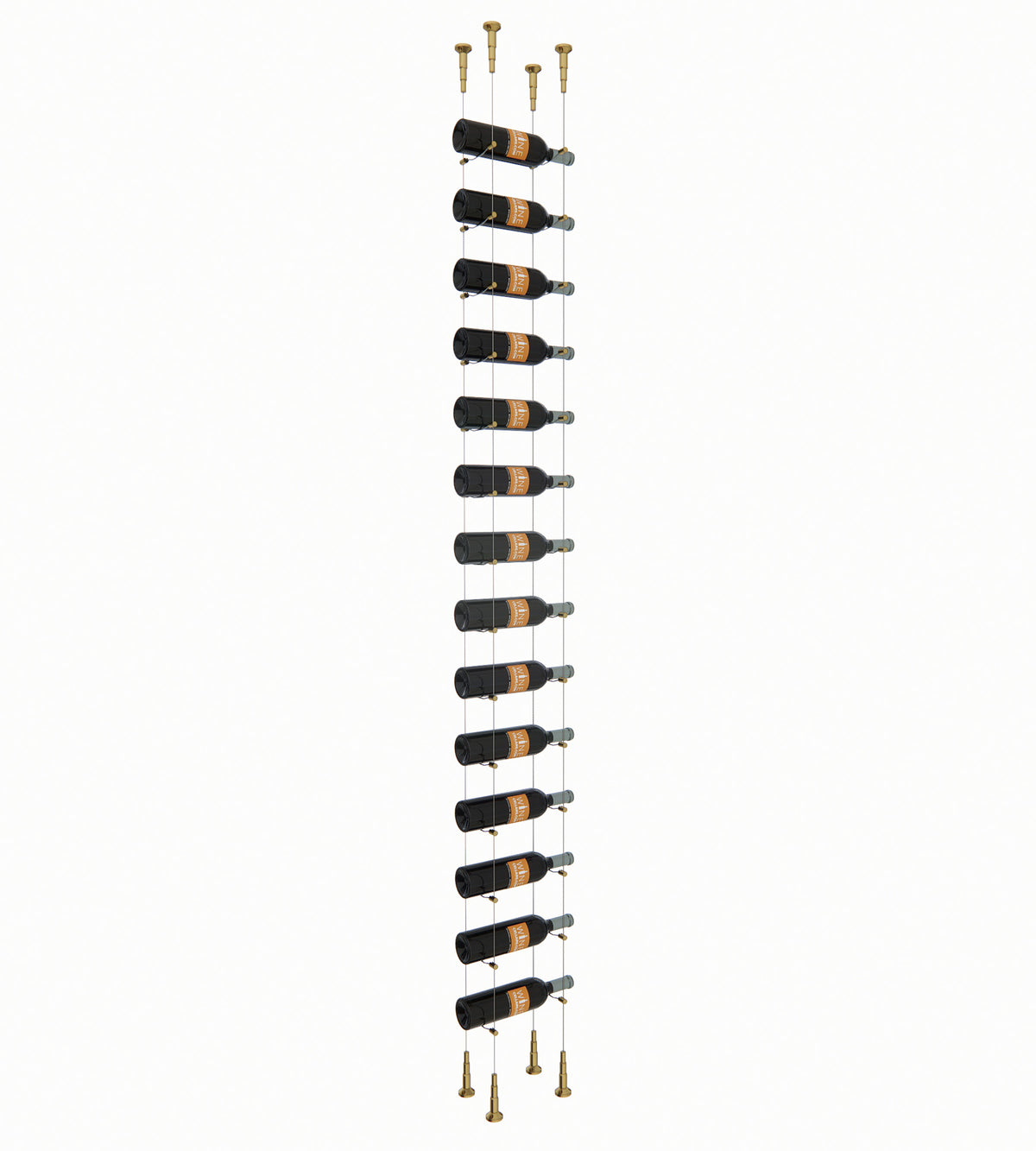 14-bottle wine rack with black holders and golden bronze posts at top and bottom