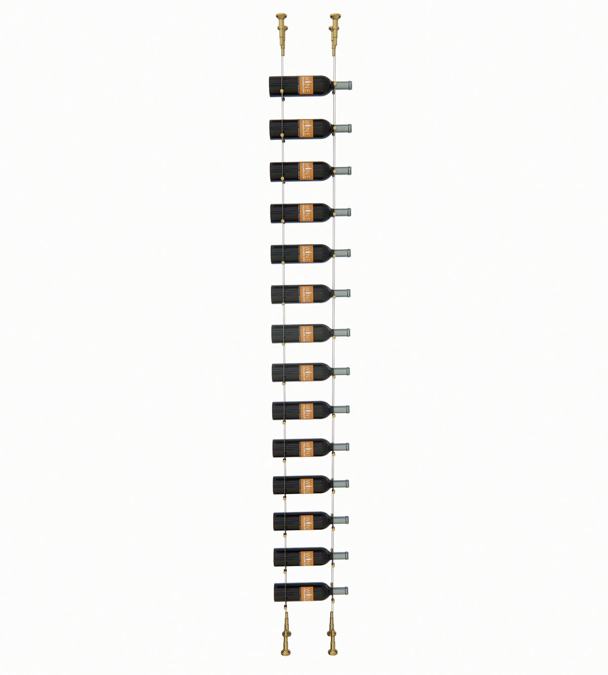 14-bottle wall wine rack with black holders and golden bronze side posts
