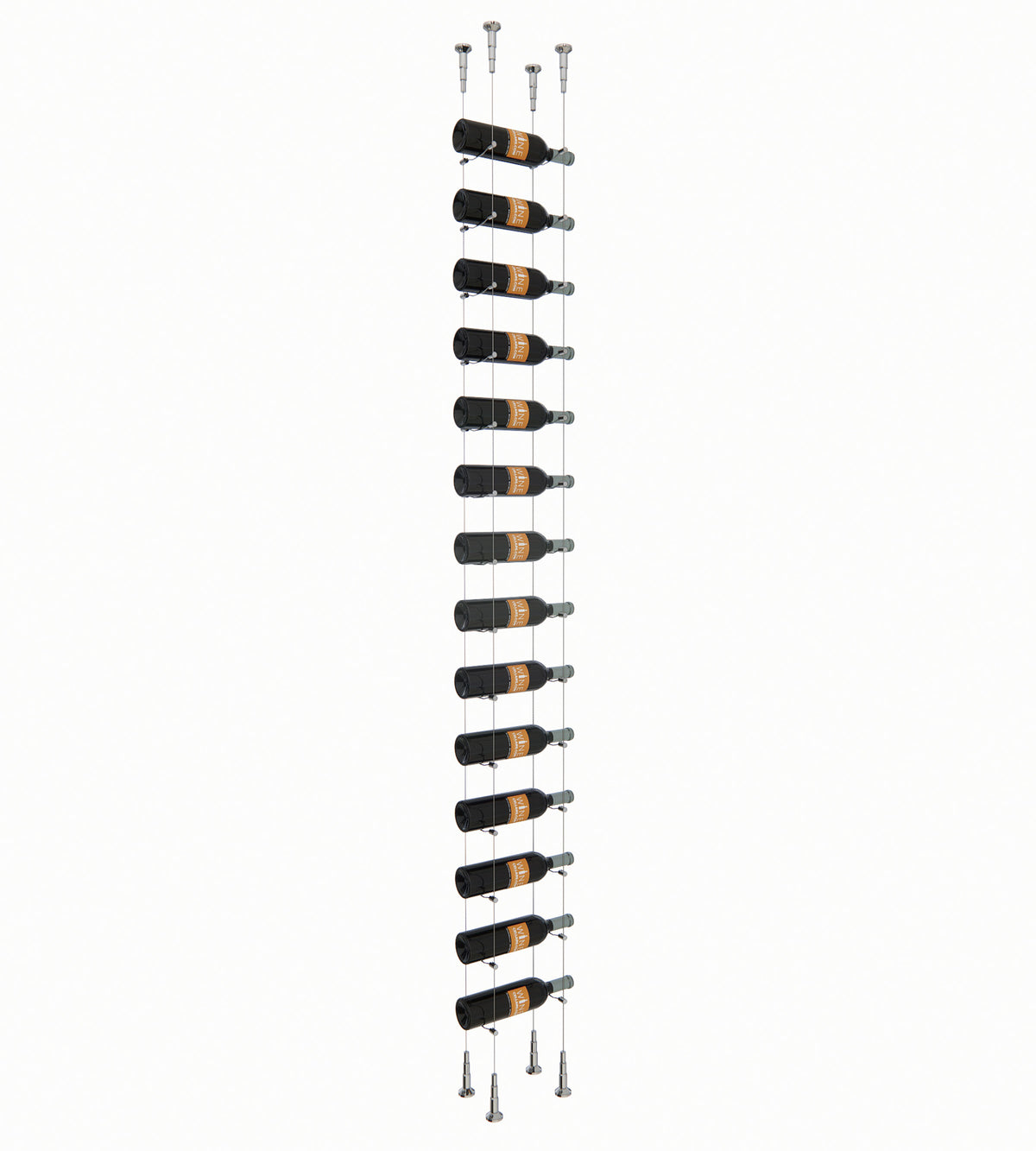 14-bottle wall wine rack with black holders and silver metal mounting hardware