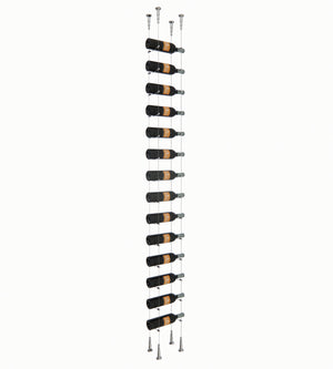 14-bottle wall wine rack with black holders and silver metal mounting hardware