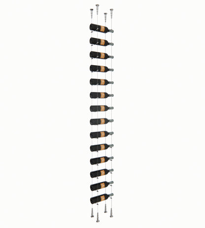 14-bottle wall wine rack with black holders and silver metal mounting hardware