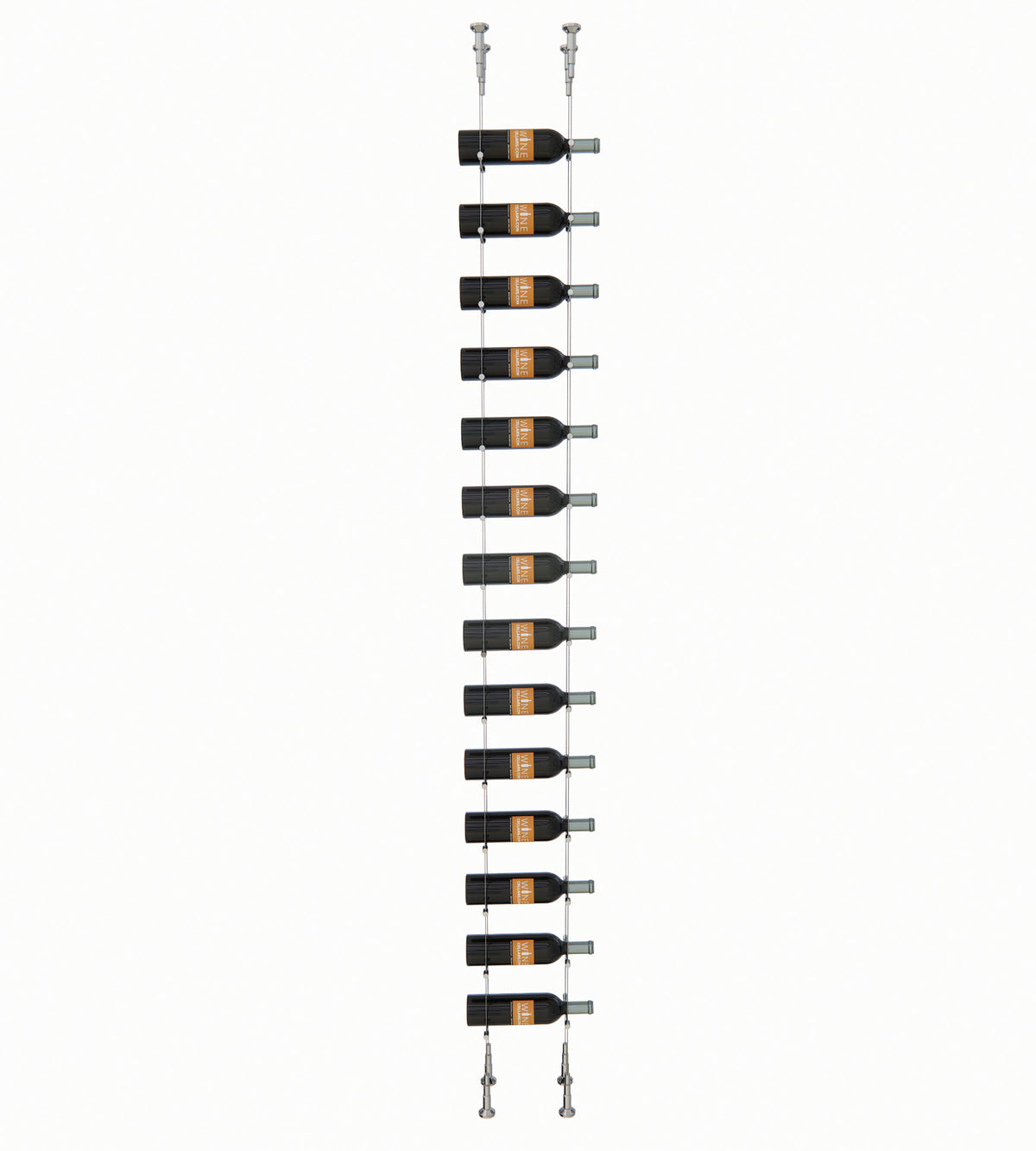 14-bottle wall wine rack with black holders, metal posts, and cable-style frame