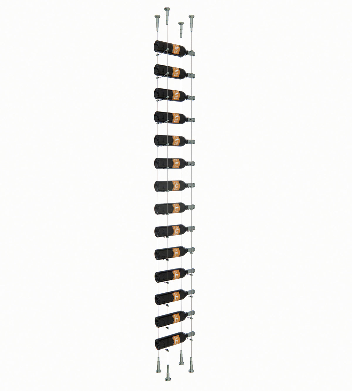14-bottle wine rack with black holders and greenish silver mounting hardware