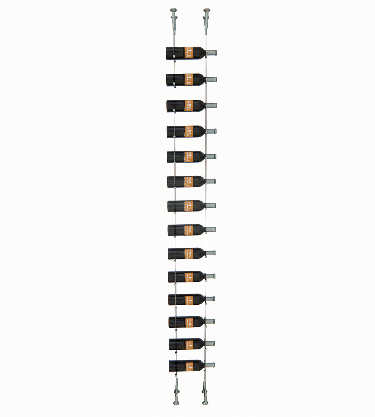 14-bottle wall wine rack with black holders and golden bronze mounting hardware
