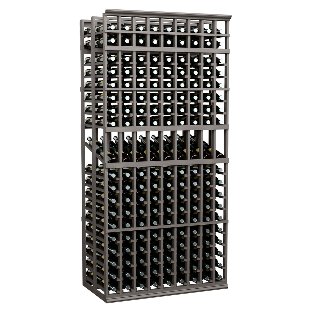 9-column double-deep wine display rack, black frame with grid bottle slots