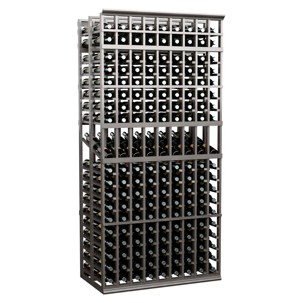 9-column double-deep wine display rack, dark gray frame with bottle grid openings