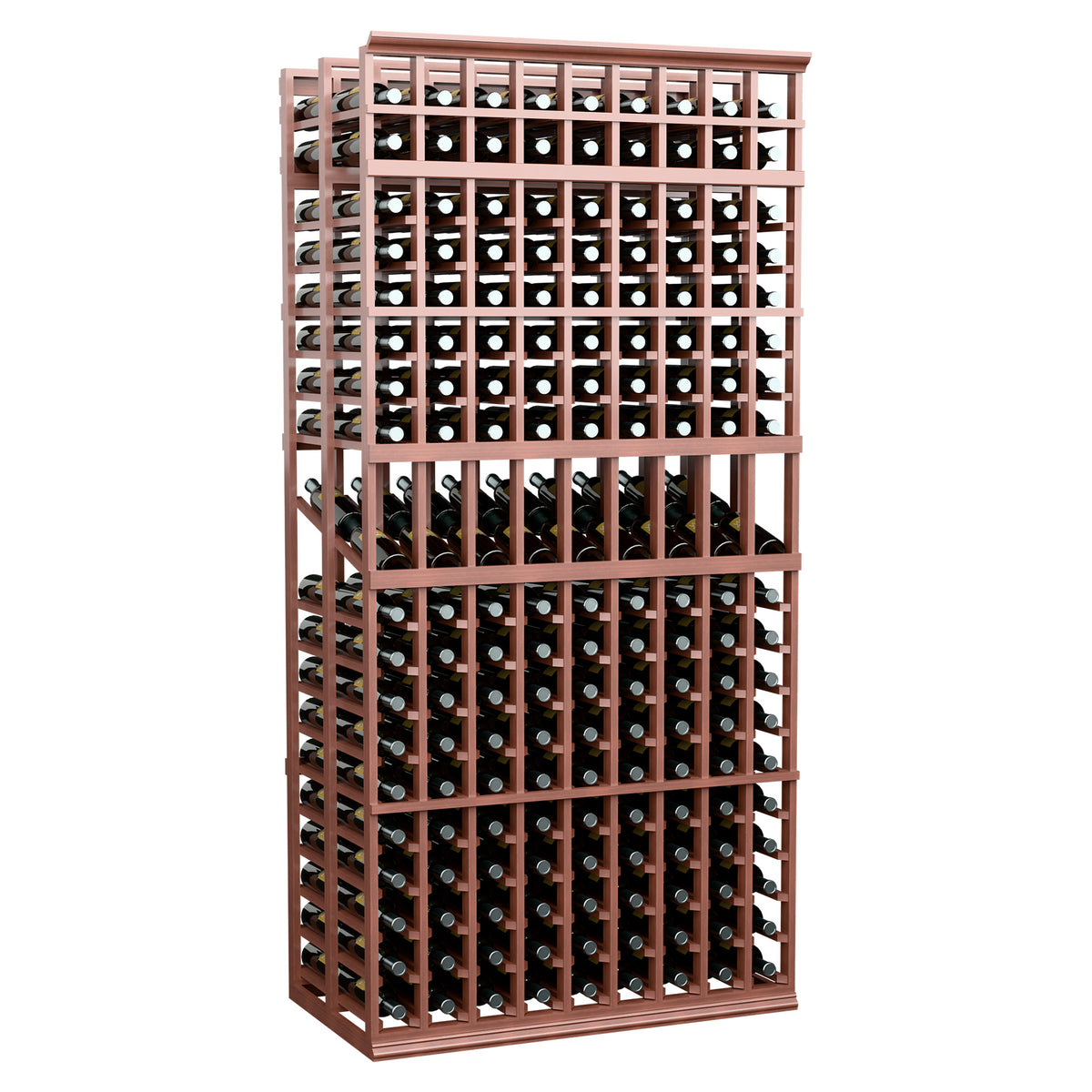 9-column double-deep wine display rack, warm brown wood frame with bottle grid openings