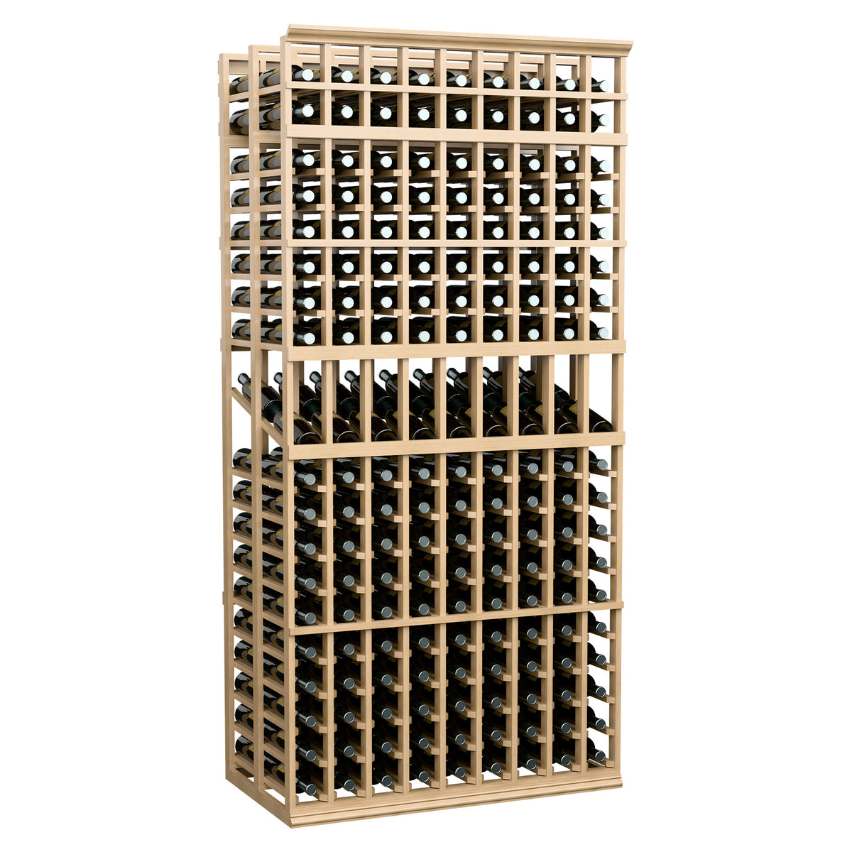 9-column double-deep wine display rack, pale tan wood frame with bottle grid openings