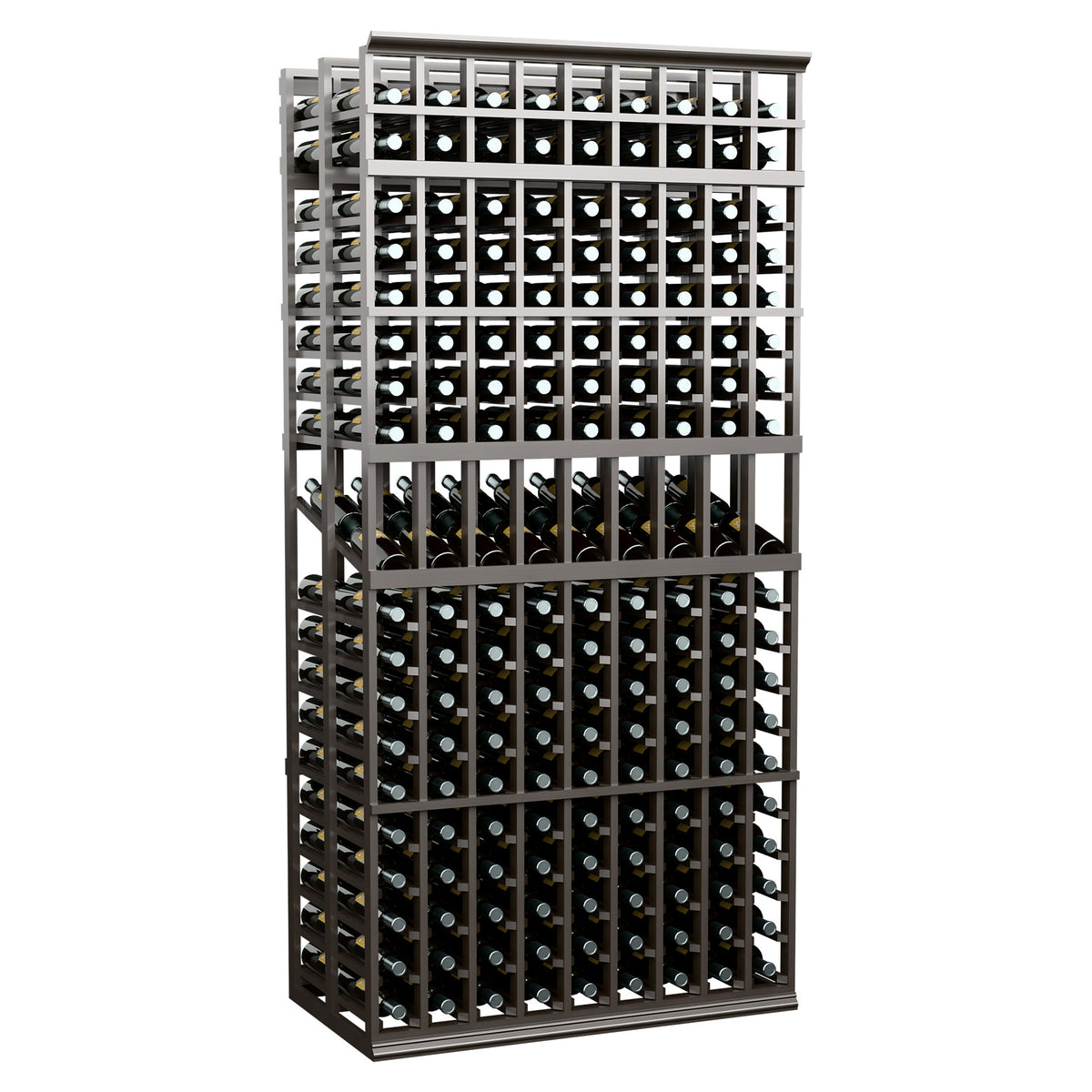 9-column double-deep wine display rack, dark gray frame with bottle grid openings