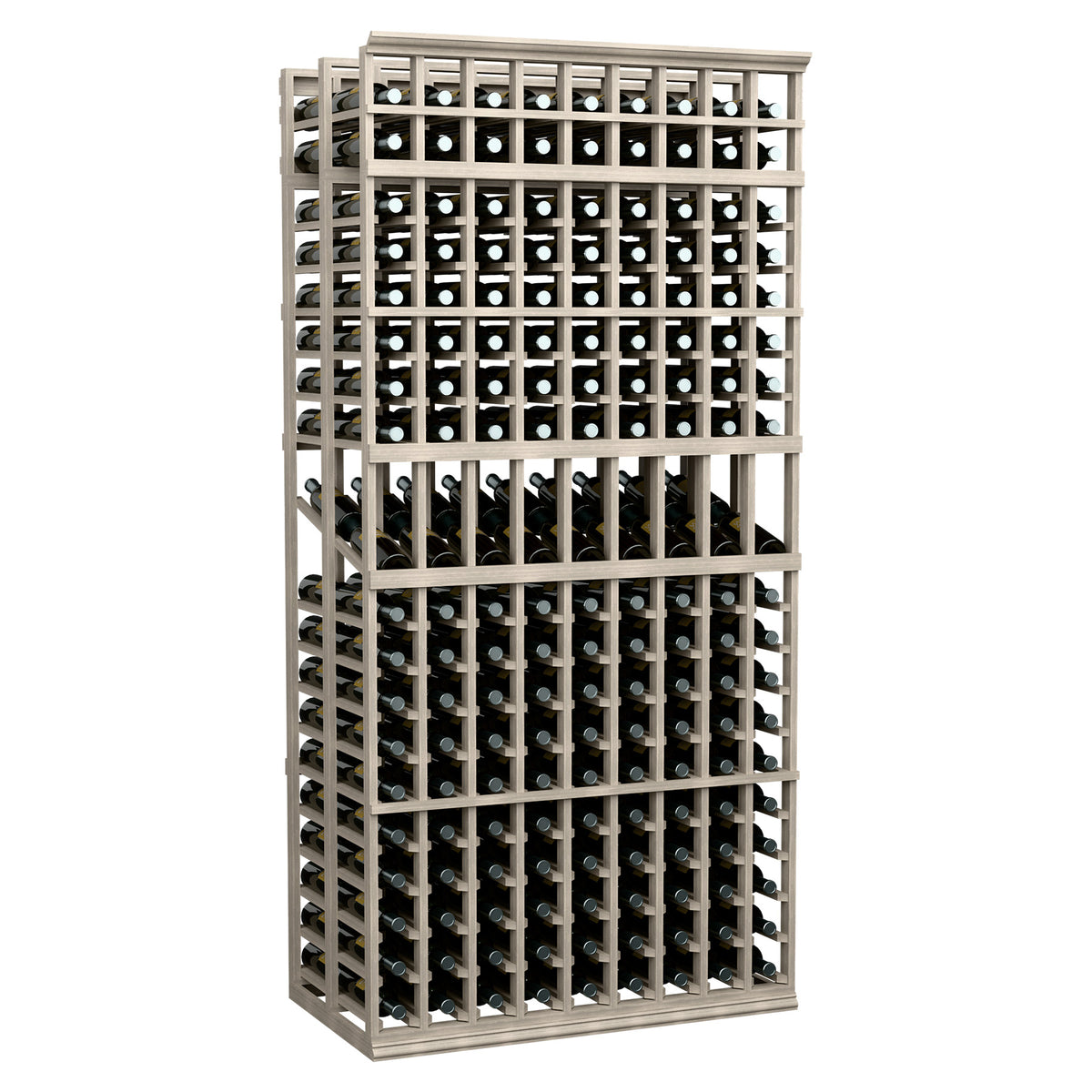 9-column double deep wine display rack, light whitewashed wood with bottle slots