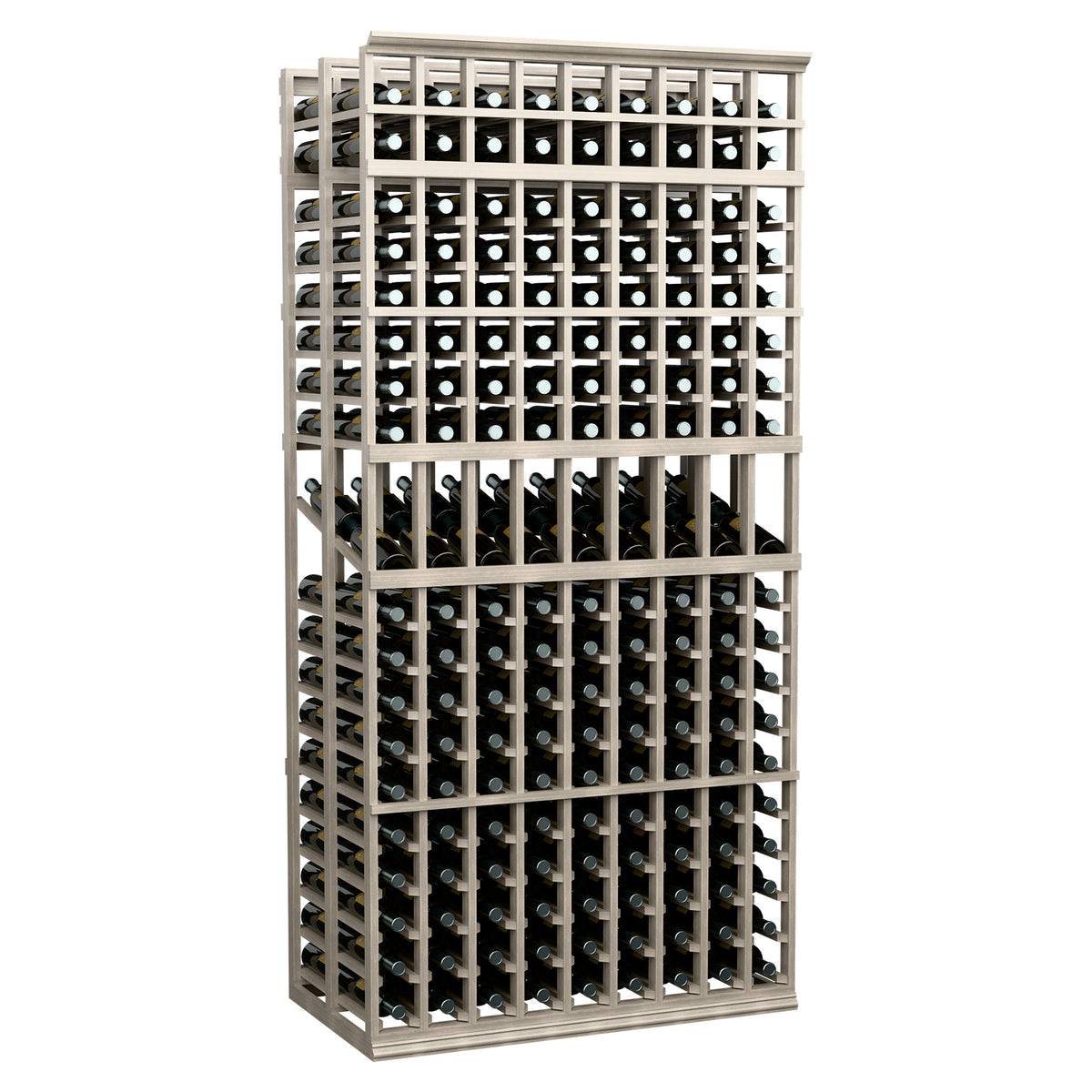 9-column double deep wine display rack, light whitewashed wood with bottle slots