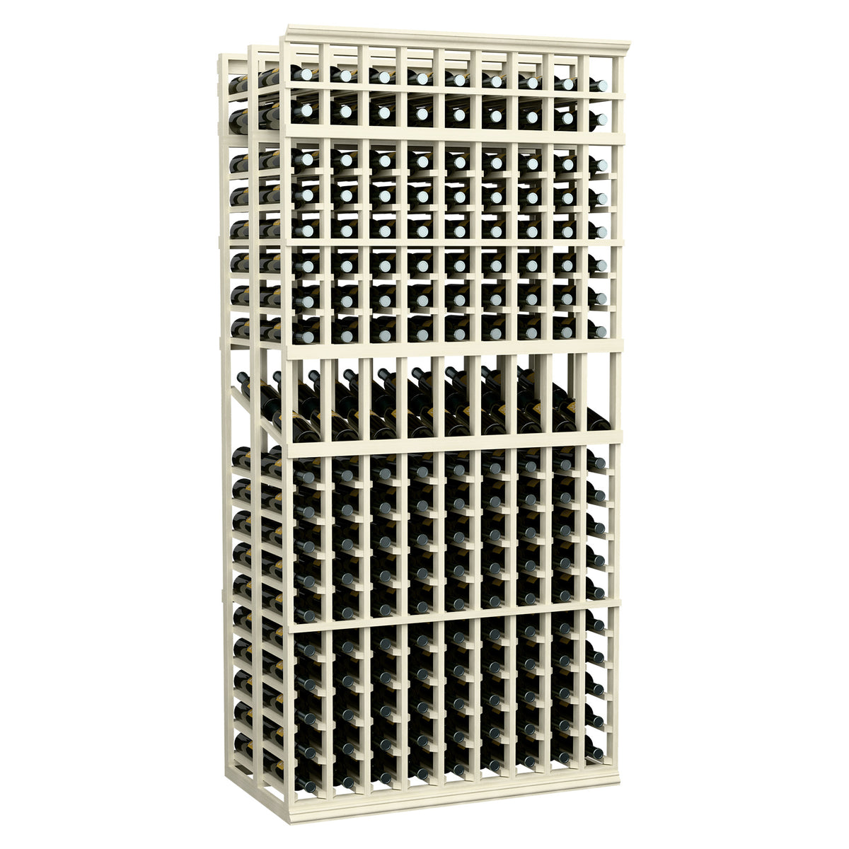 9-column double deep wine display rack, pale whitewashed wood with bottle slots