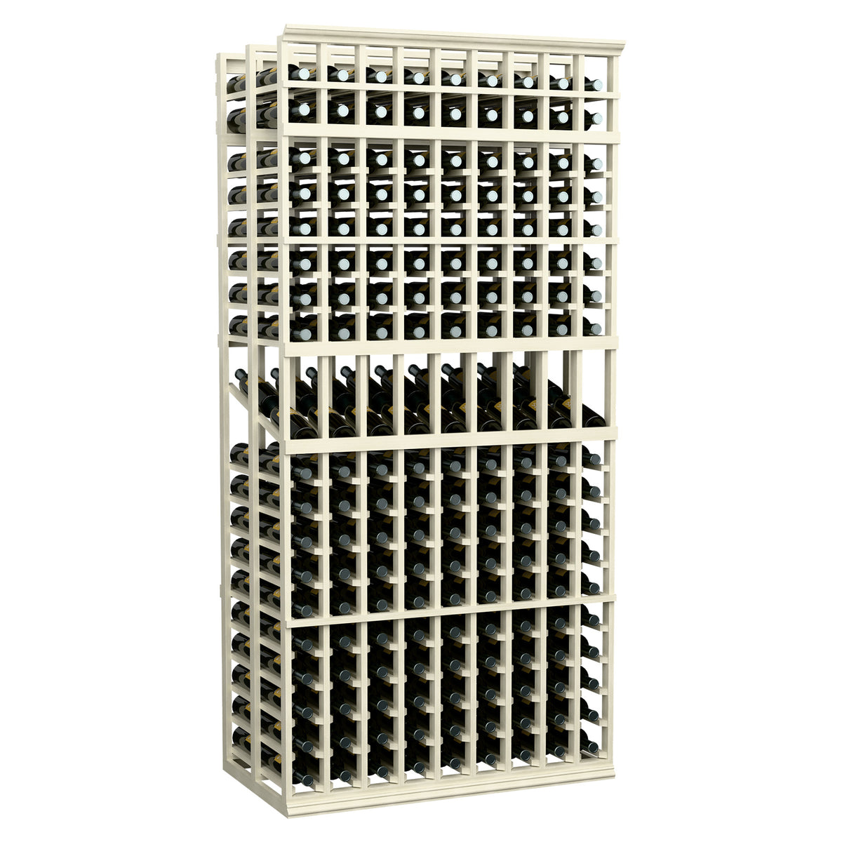 9-column double deep wine display rack, pale whitewashed wood with bottle slots