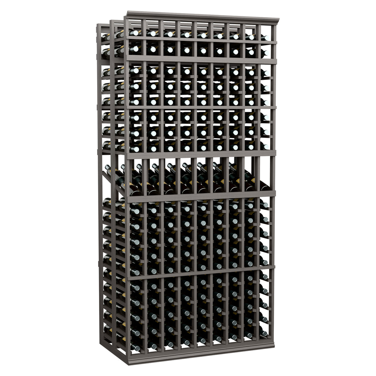 Black wine display rack with dual-deep bottle slots and grid front