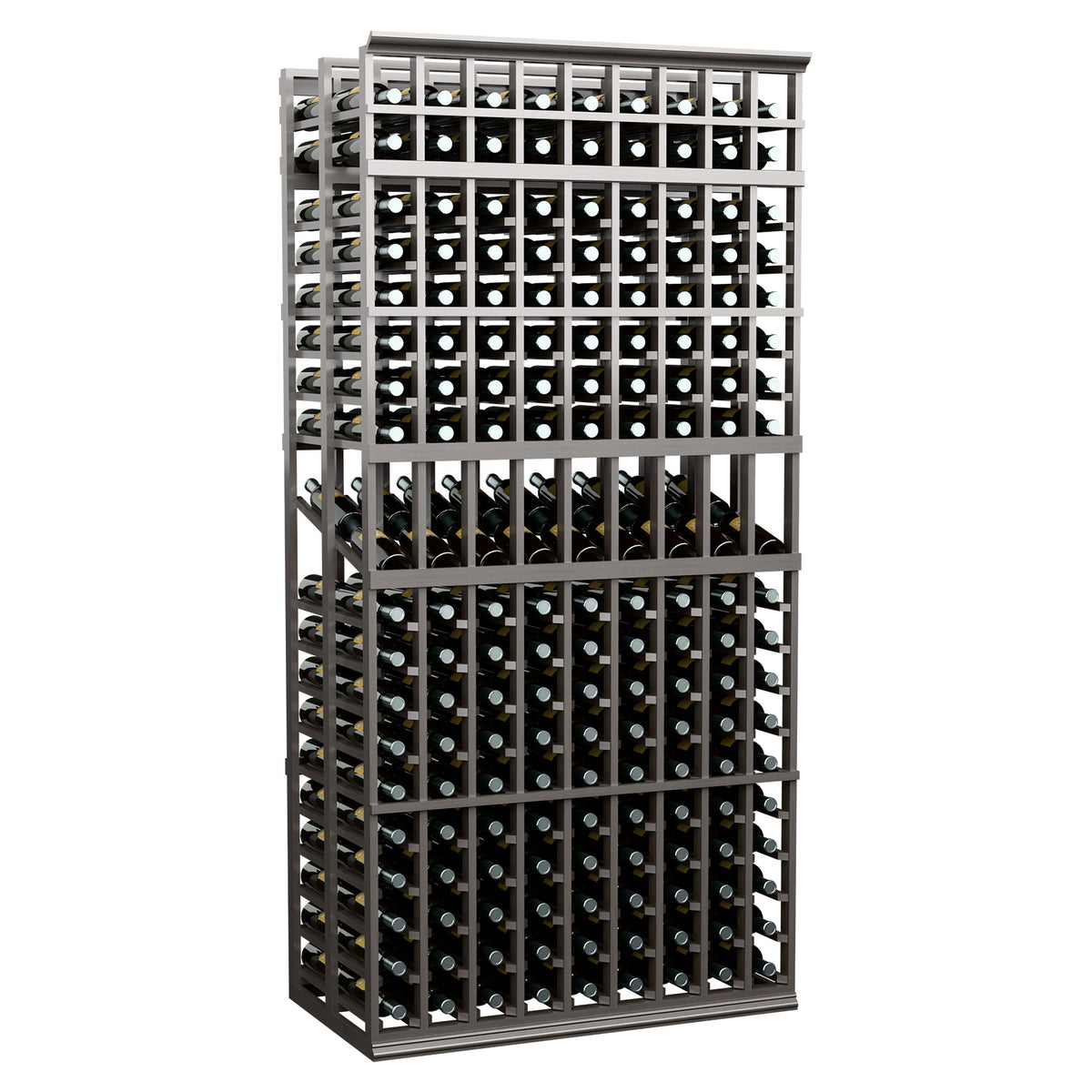 Black wine display rack with dual-deep bottle slots and crisscross grid front