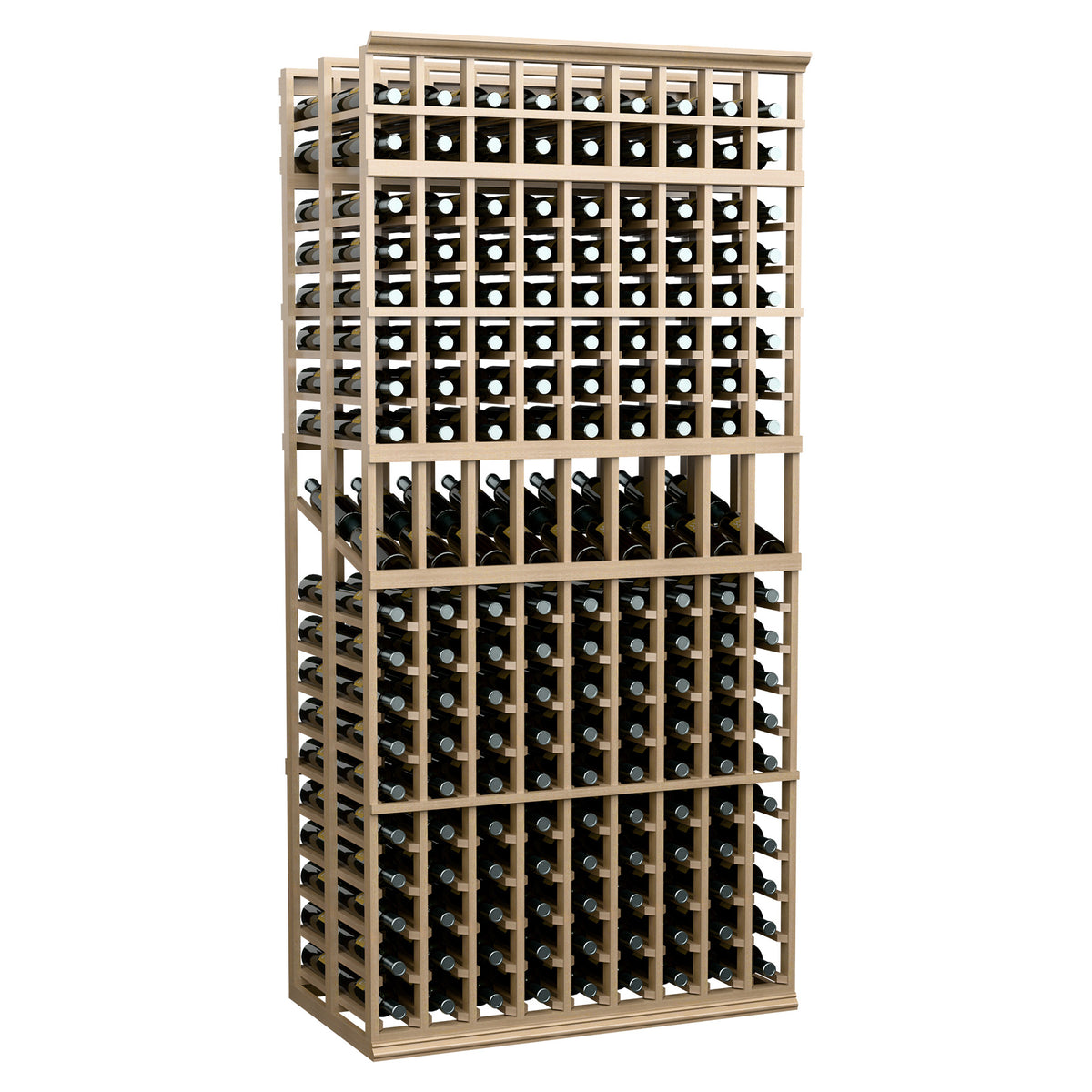 Light wood wine display rack with dual-deep bottle slots and crisscross grid