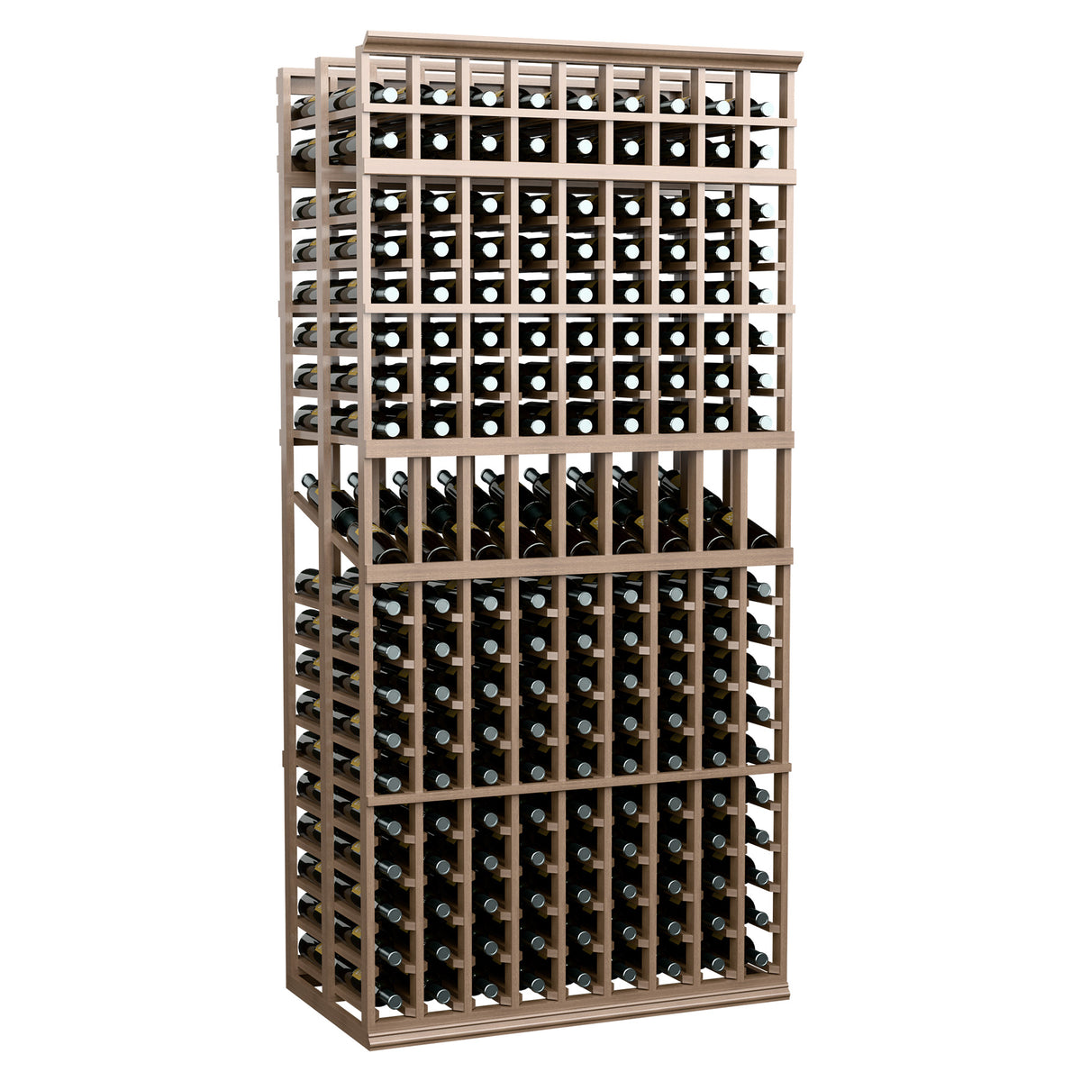Taupe wine display rack with dual-deep bottle slots and stacked front grid