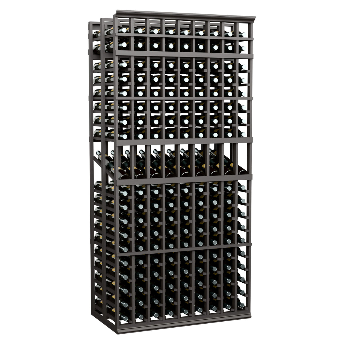 Black wine display rack with dual-deep bottle slots and front lattice grid