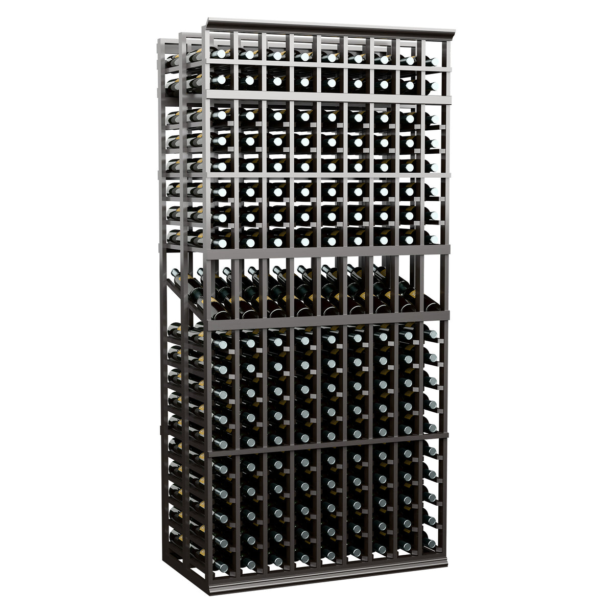 Black wine display rack with dual-deep bottle slots and layered front frame