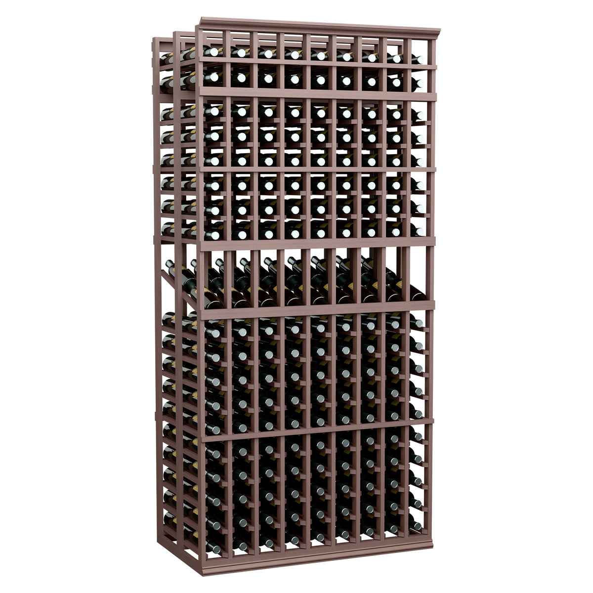 Wine bottle display rack, 9-column double-deep, dark brown wood frame with bottle slots