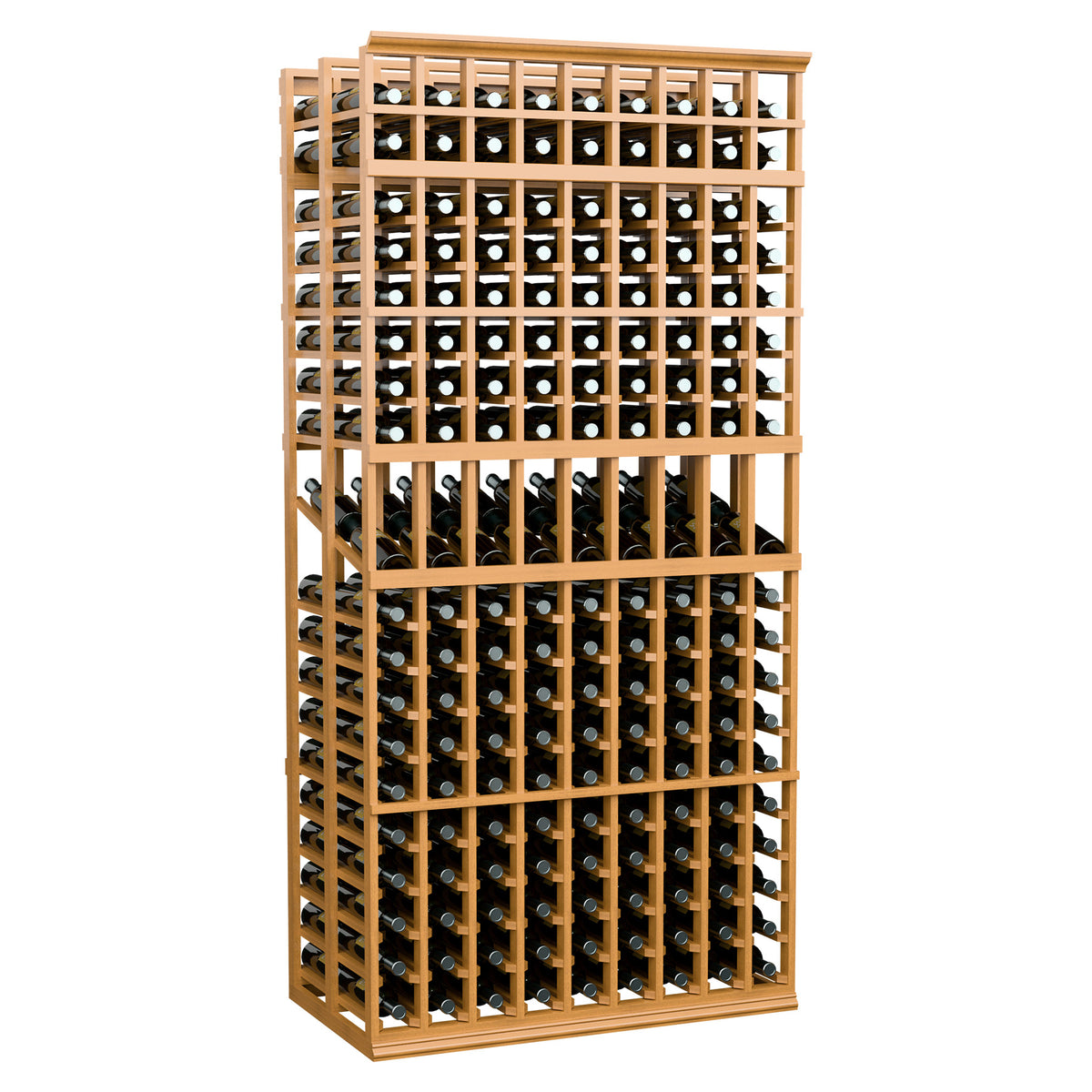 Wine bottle display rack, 9-column double-deep, light tan wood frame with multiple bottle rows