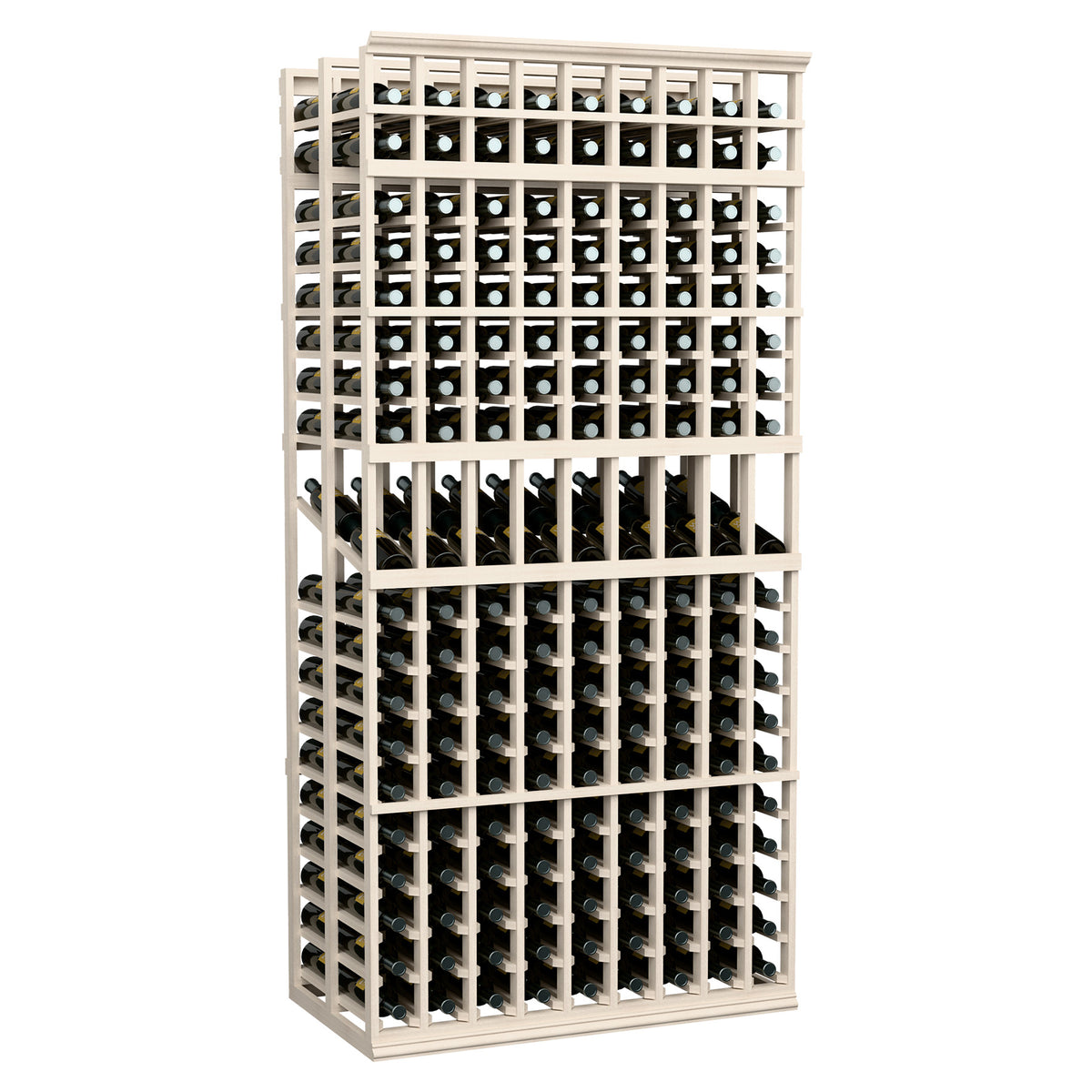 Wine bottle display rack, 9-column double-deep, white wood frame with double-deep slots