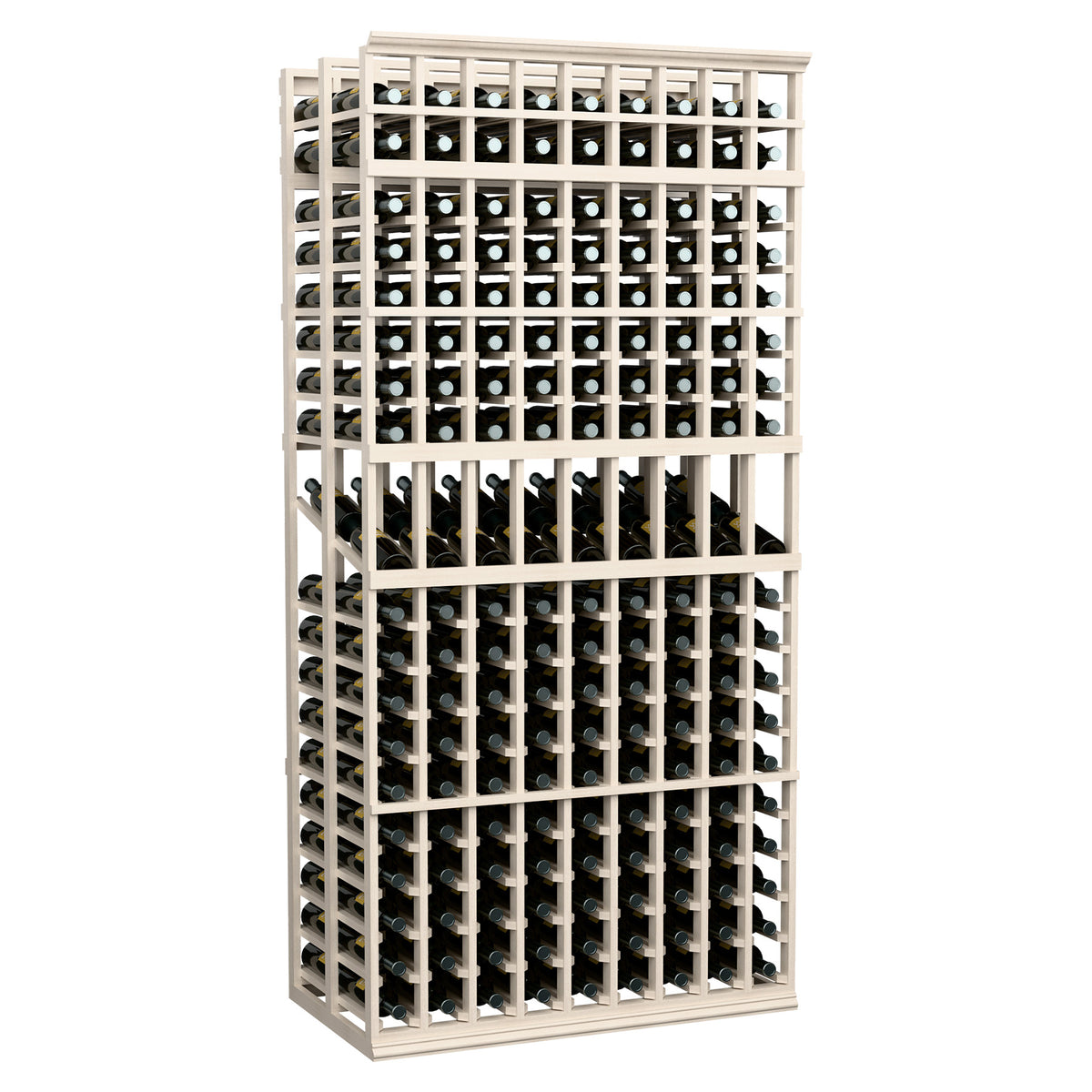 Wine bottle display rack, 9-column double-deep, white wood frame with bottle storage rows
