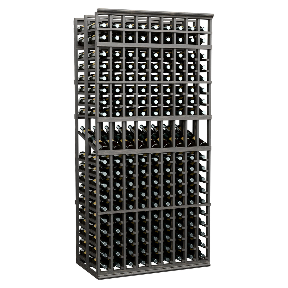 Dark wine display rack with two deep rows of bottle slots and grid front