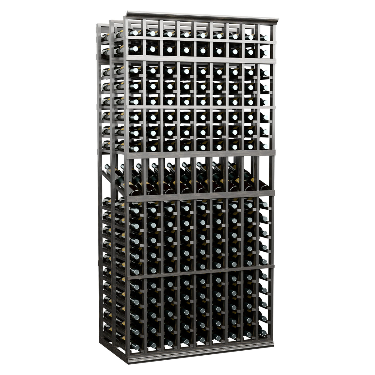 Dark wine display rack with two deep rows of bottle slots, front grid and frame